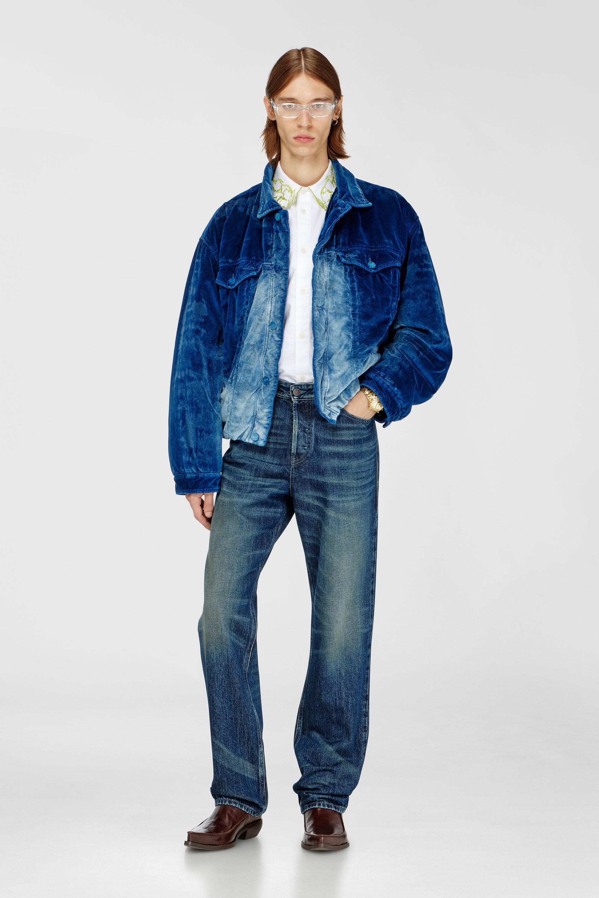 Diesel - D-MORVI-FSJ, Man's Elasticated trucker jacket in velvet denim in Dark Blue - 2