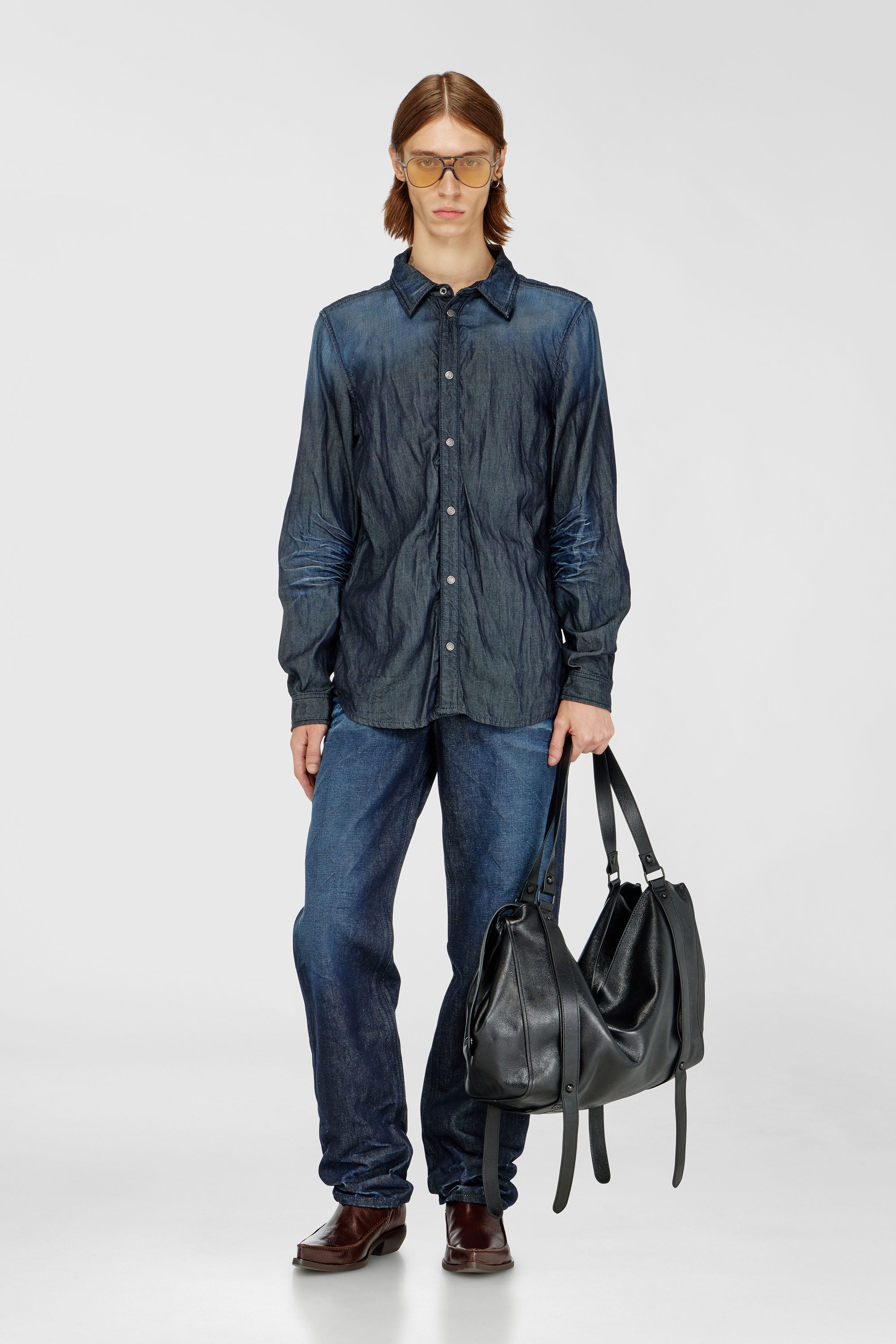 Diesel - D-SYNAR-FSJ1, Man's Shirt in creased denim in Dark Blue - 2