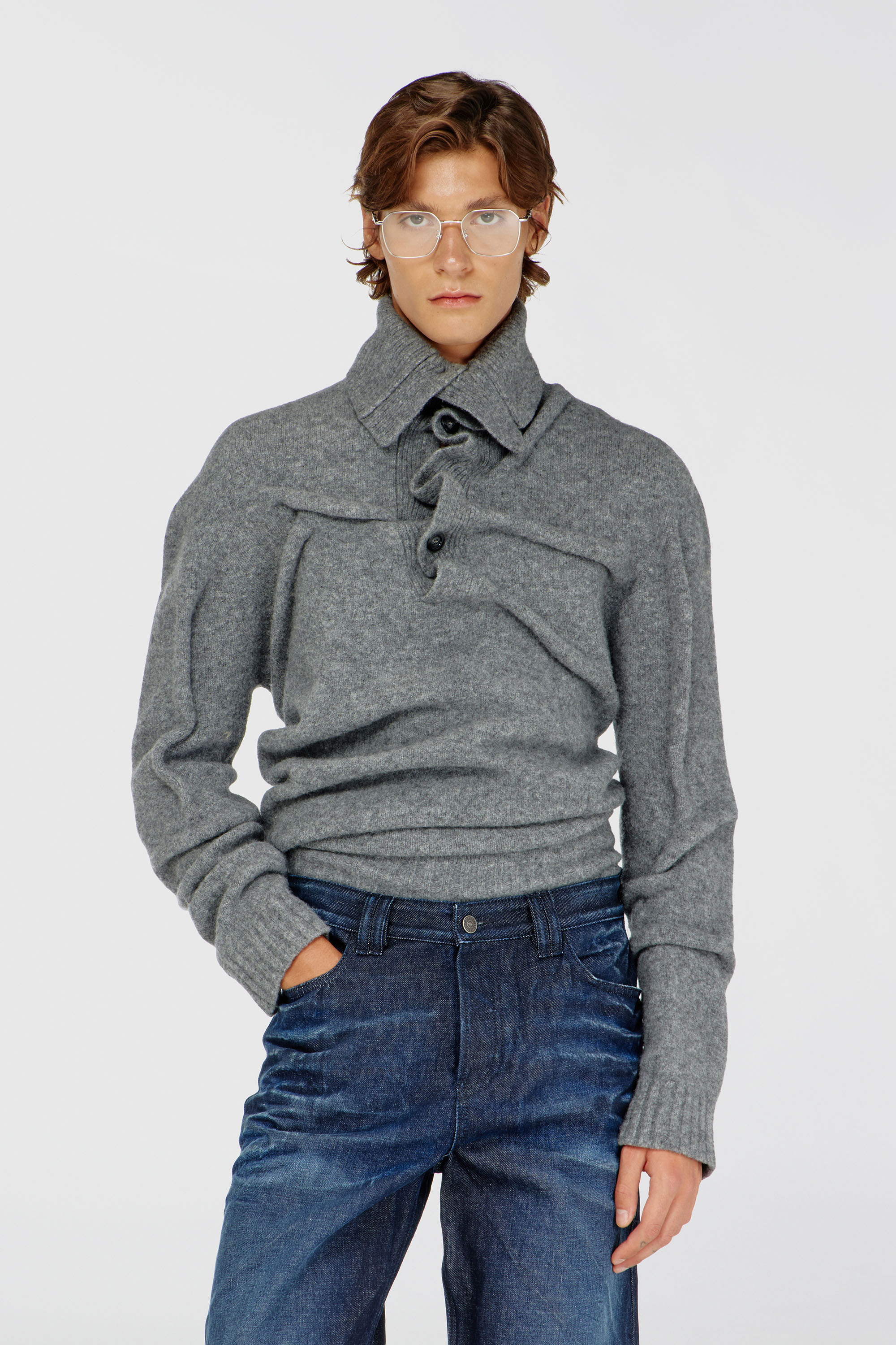 Diesel - K-ANDREW, Man's Button-neck jumper in wrinkled boiled knit in null - 1