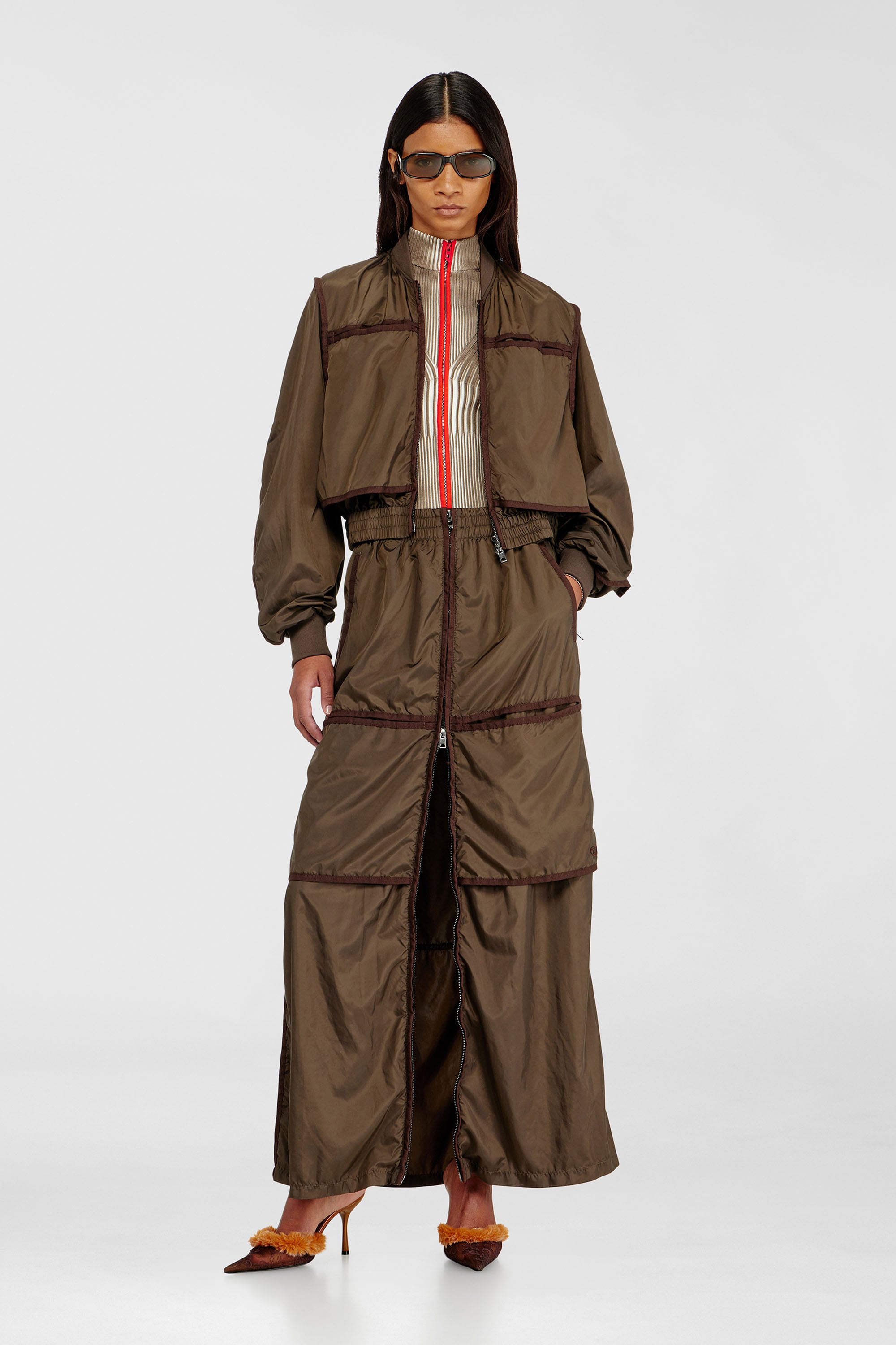 Diesel - O-HYTON, Woman's Windbreaker maxi skirt with front zip in Brown - 1