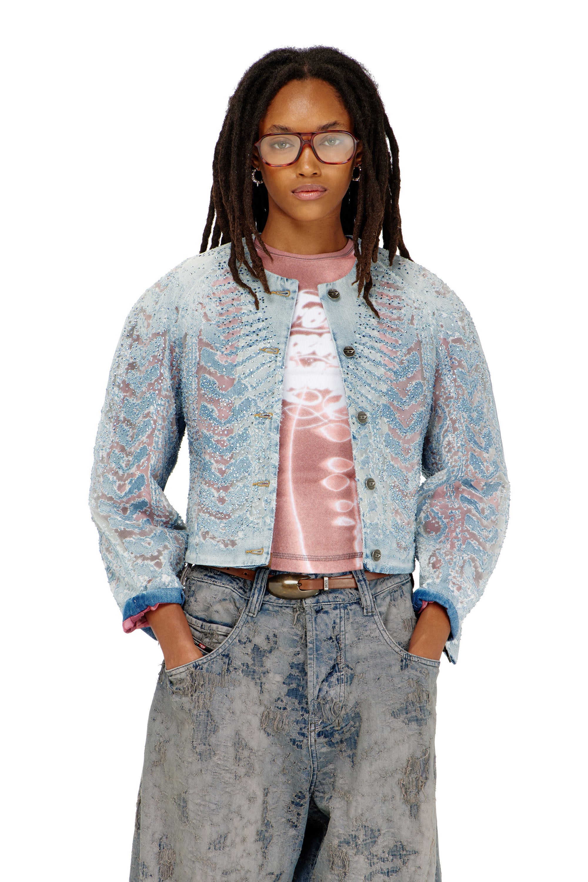 Diesel - DE-SOLIXIA-S, Woman's Jacket in microstone devor&eacute; denim in Light Blue - 1