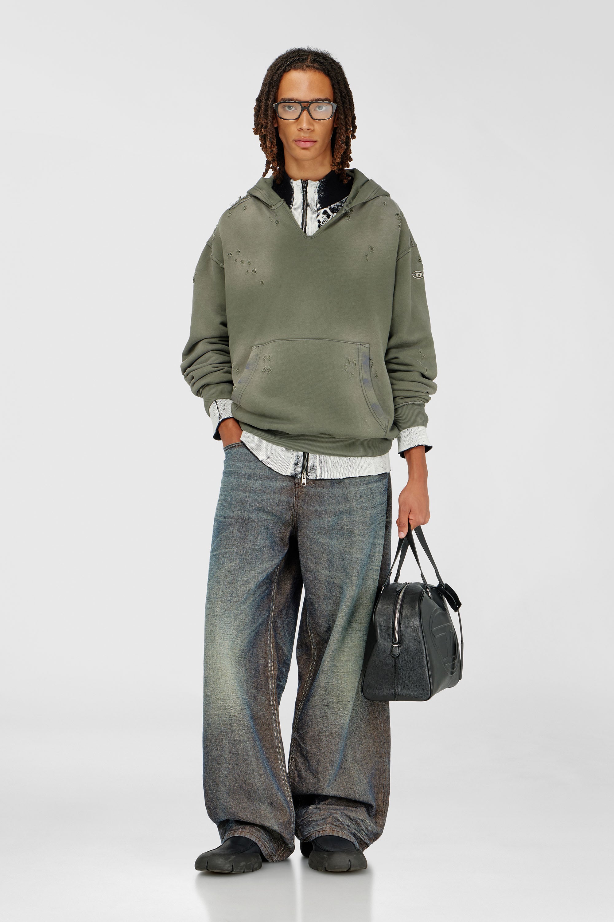 Diesel - S-KEITHY, Man's Distressed hoodie with V-neck in Olive Green - 2