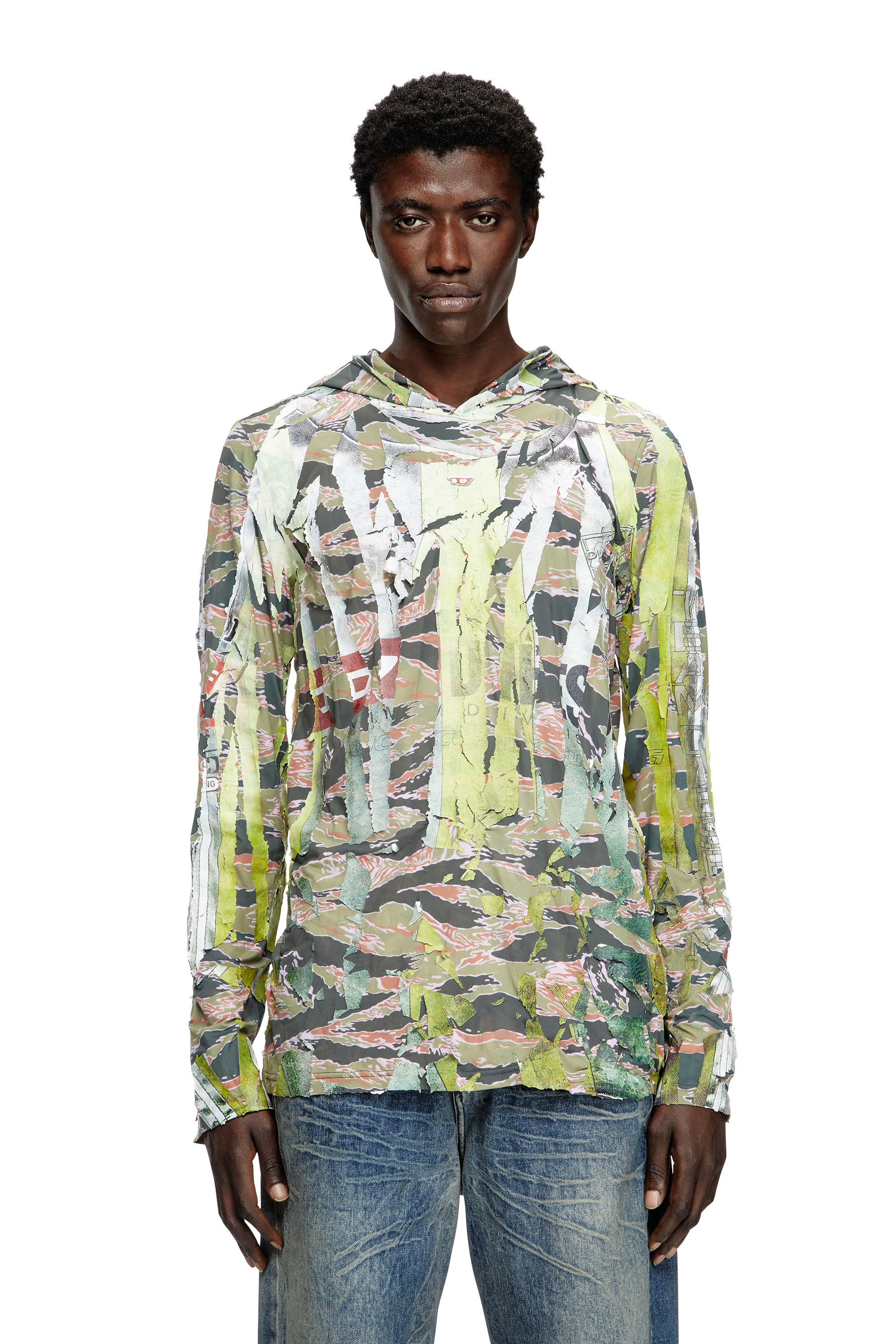 Diesel - T-GILLIS, Unisex's Camo hooded top with cracked over-print in Brown/Green - 1