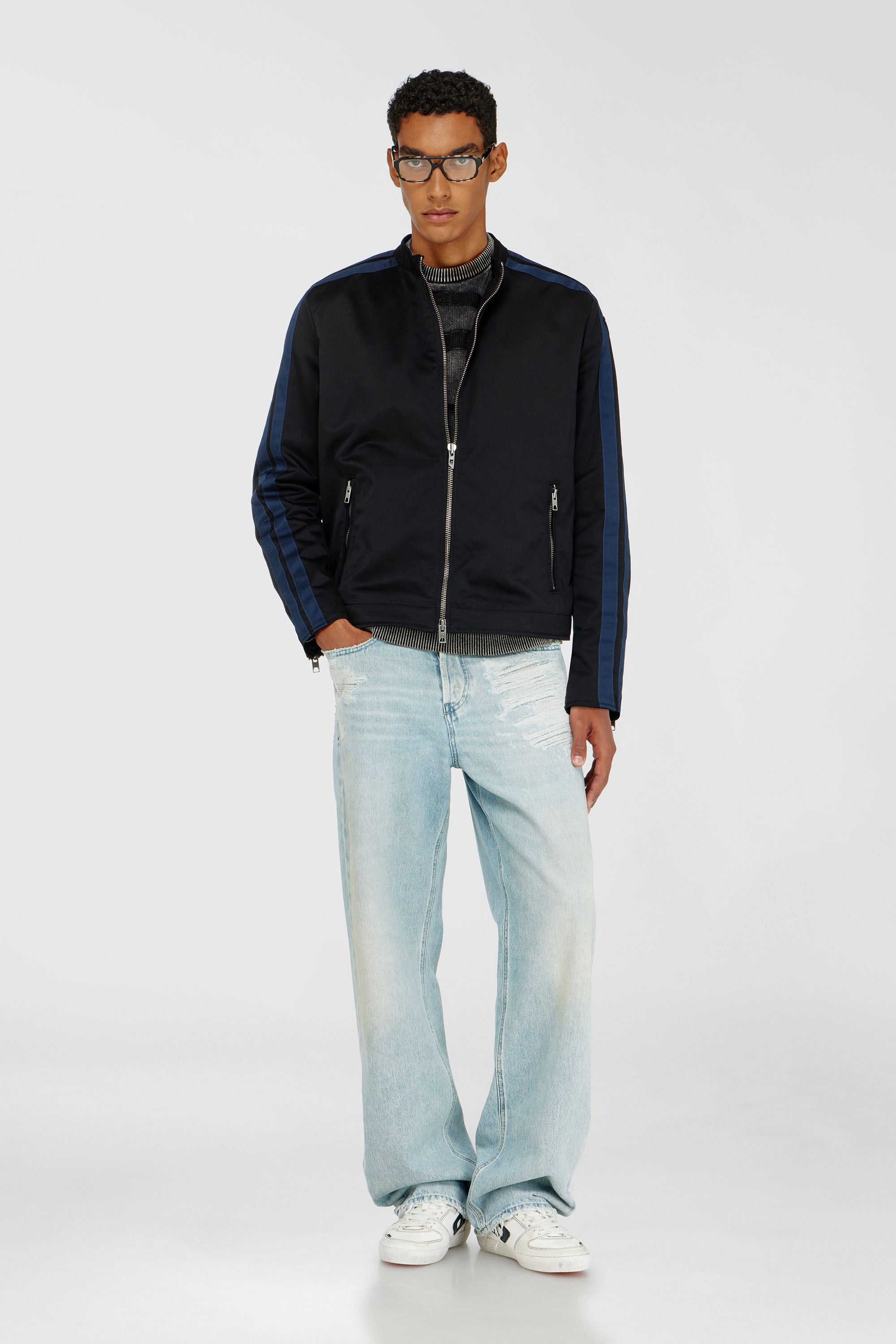 Diesel - J-NAEL, Man's Sporty biker jacket in technical cotton blend in Blue/Black - 2