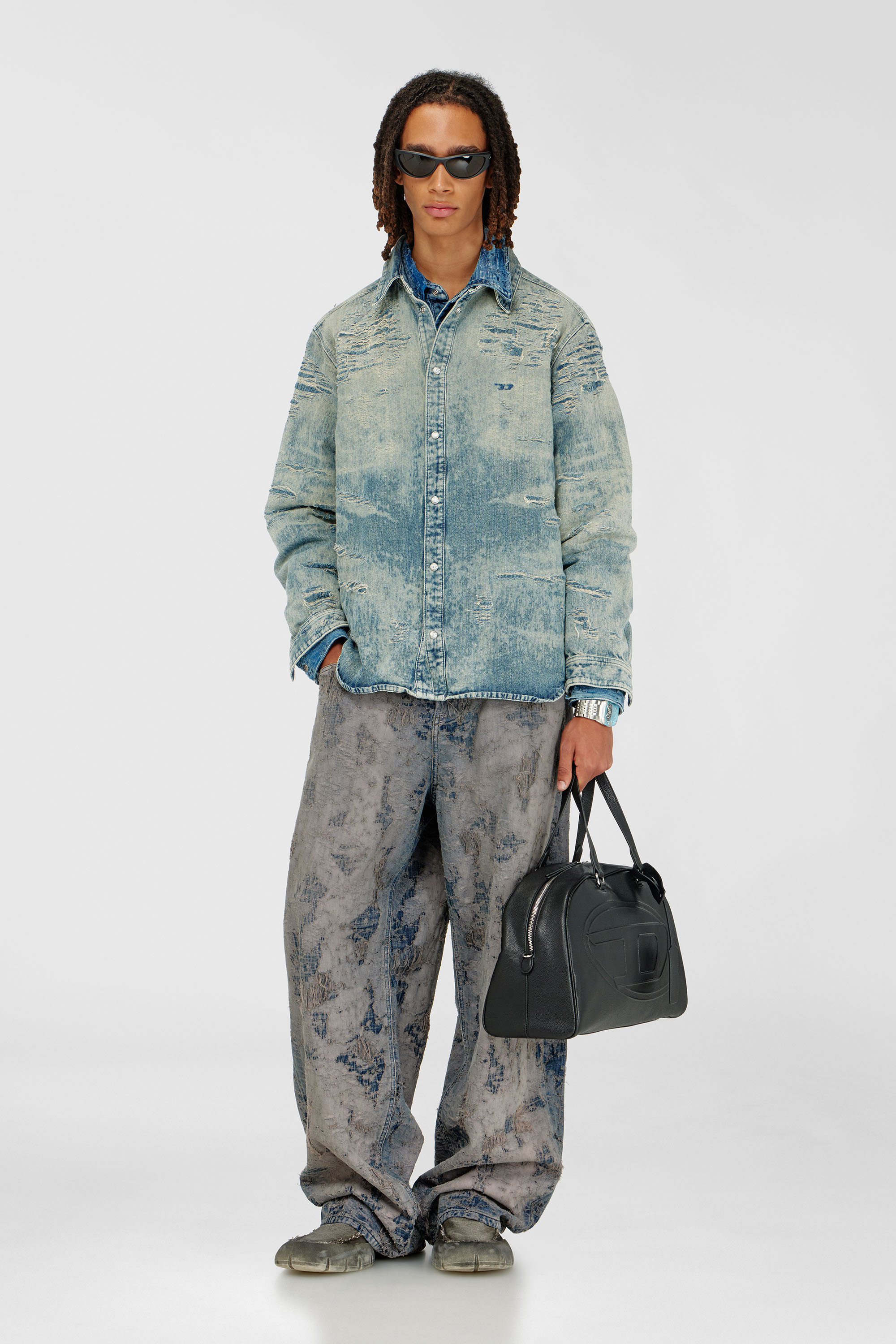 Diesel - D-SIMPLY, Man's Shirt in distressed-effect jacquard denim in Medium blue - 2