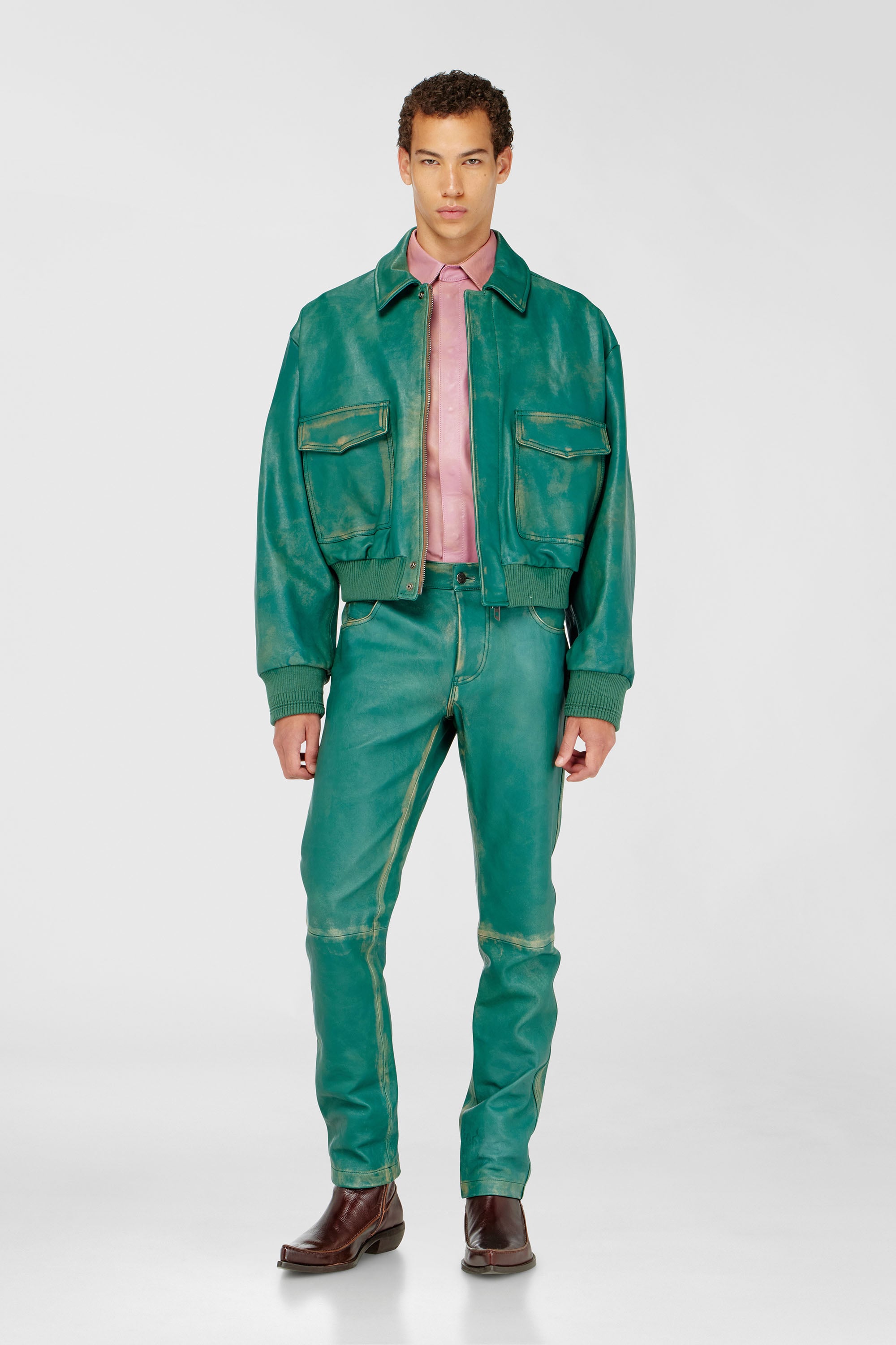 Diesel - P-OCKET, Man's Pants in treated leather in Dark Green - 1