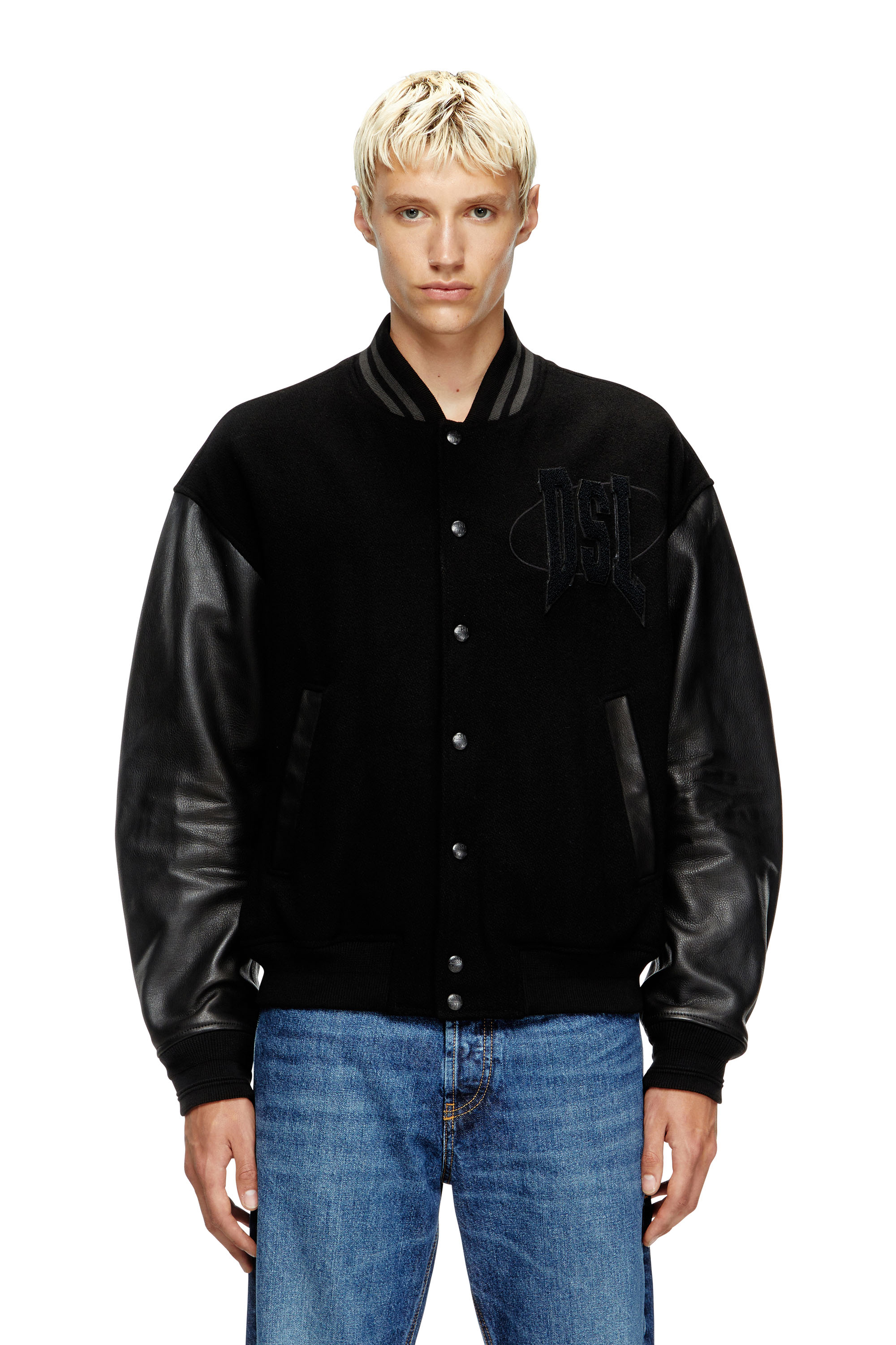 Diesel - L-NYMAN, Man's Varsity bomber jacket in cotton and leather in Black - 3