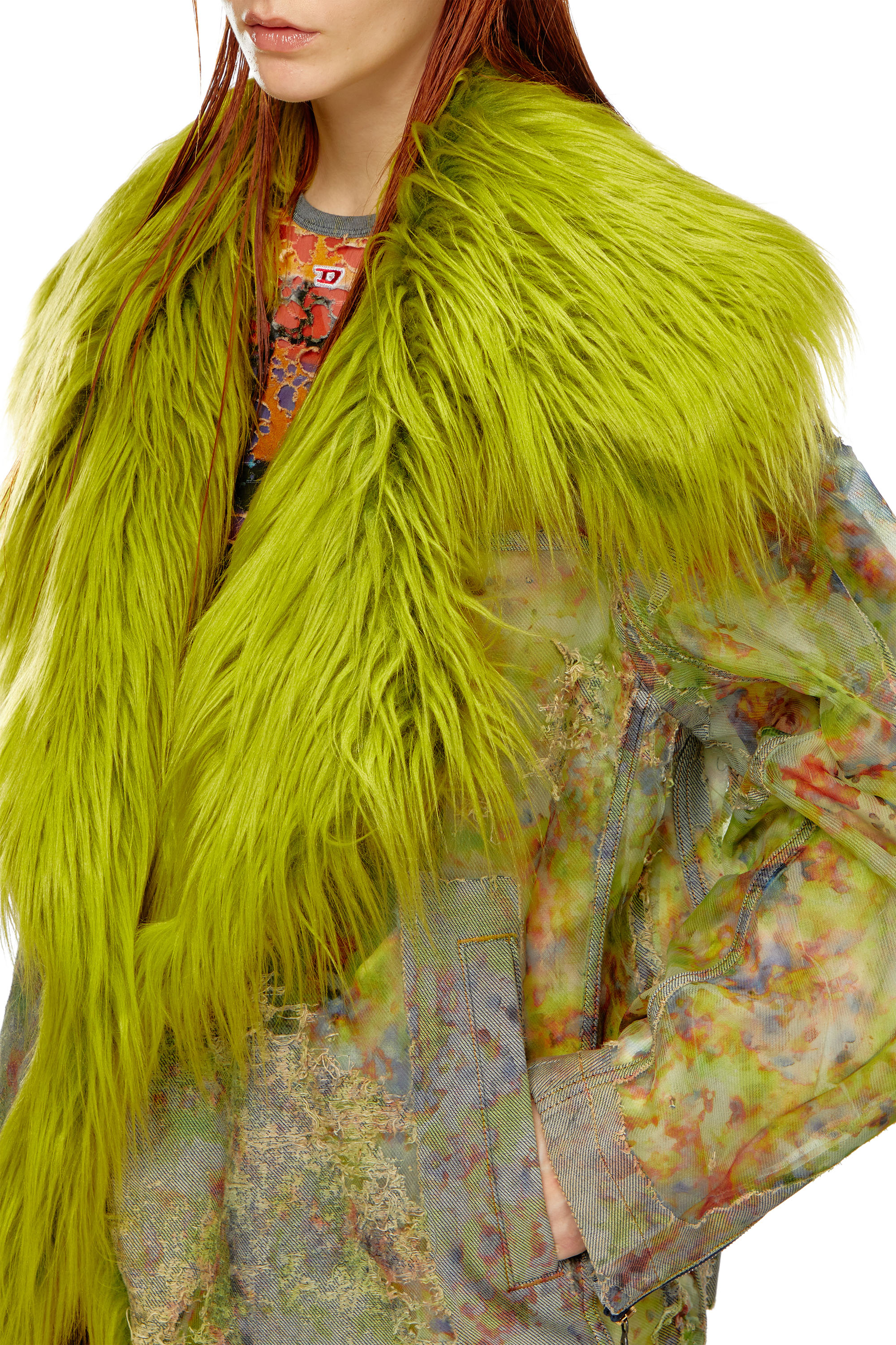 Diesel - DE-BIKA-FSE, Woman Printed devoré jacket with shaggy collar in Green - Image 4