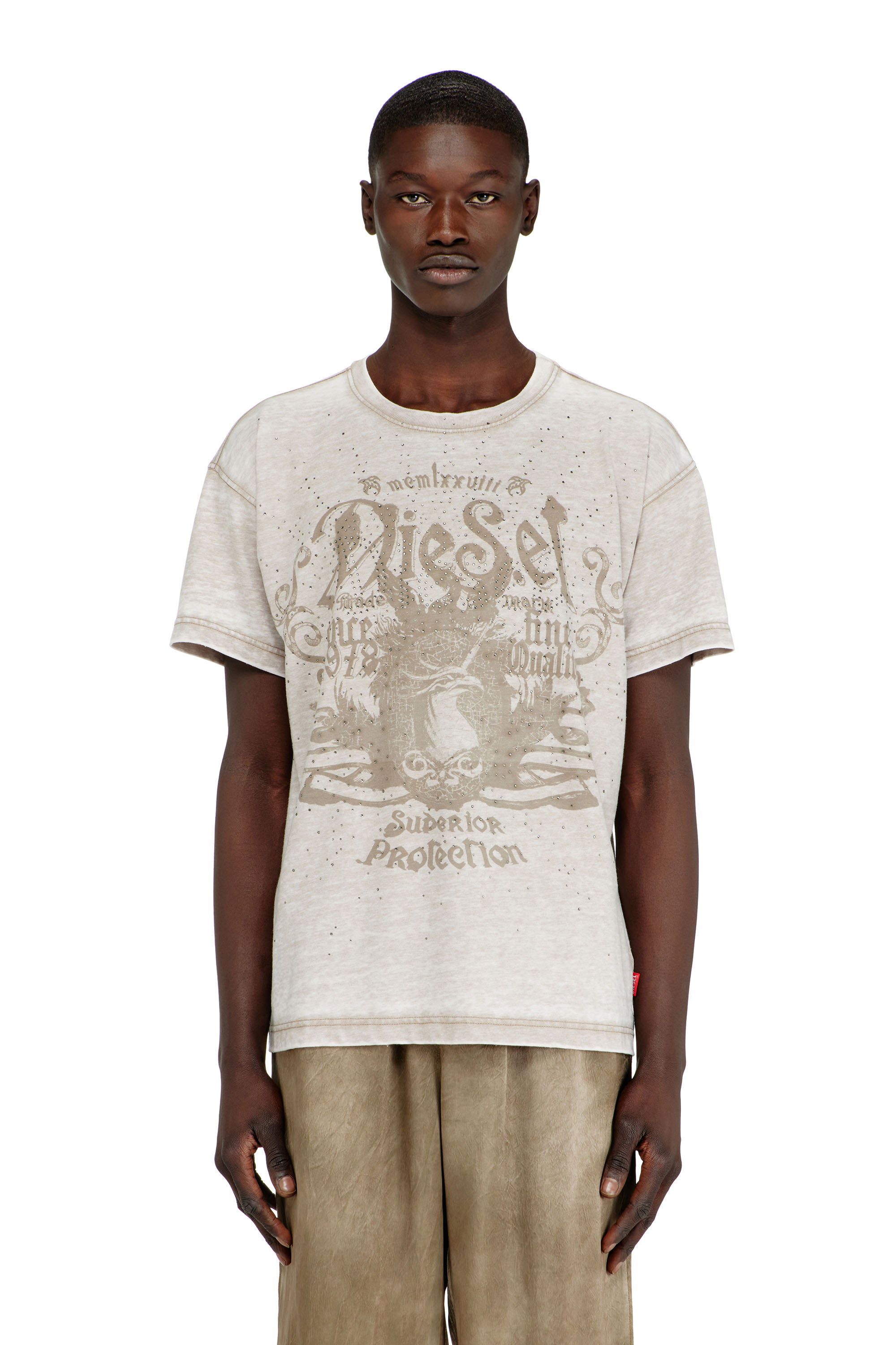 Diesel - T-NORM-AA8, Man's Jersey T-shirt with burnout wash and studs in Beige - 1