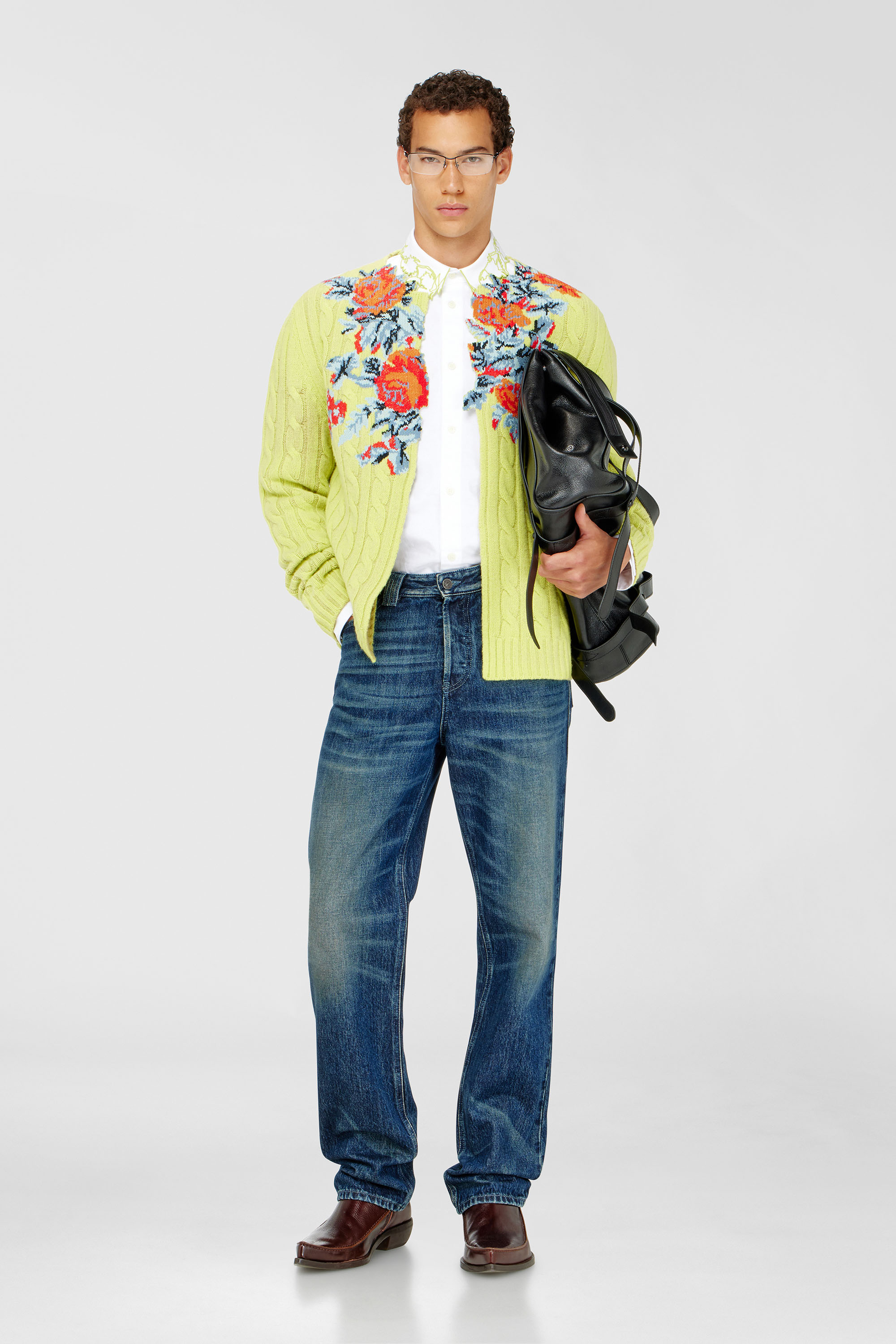 Diesel - K-RINO, Man's Open-front cardigan in floral cable knit in Yellow Fluo - 1