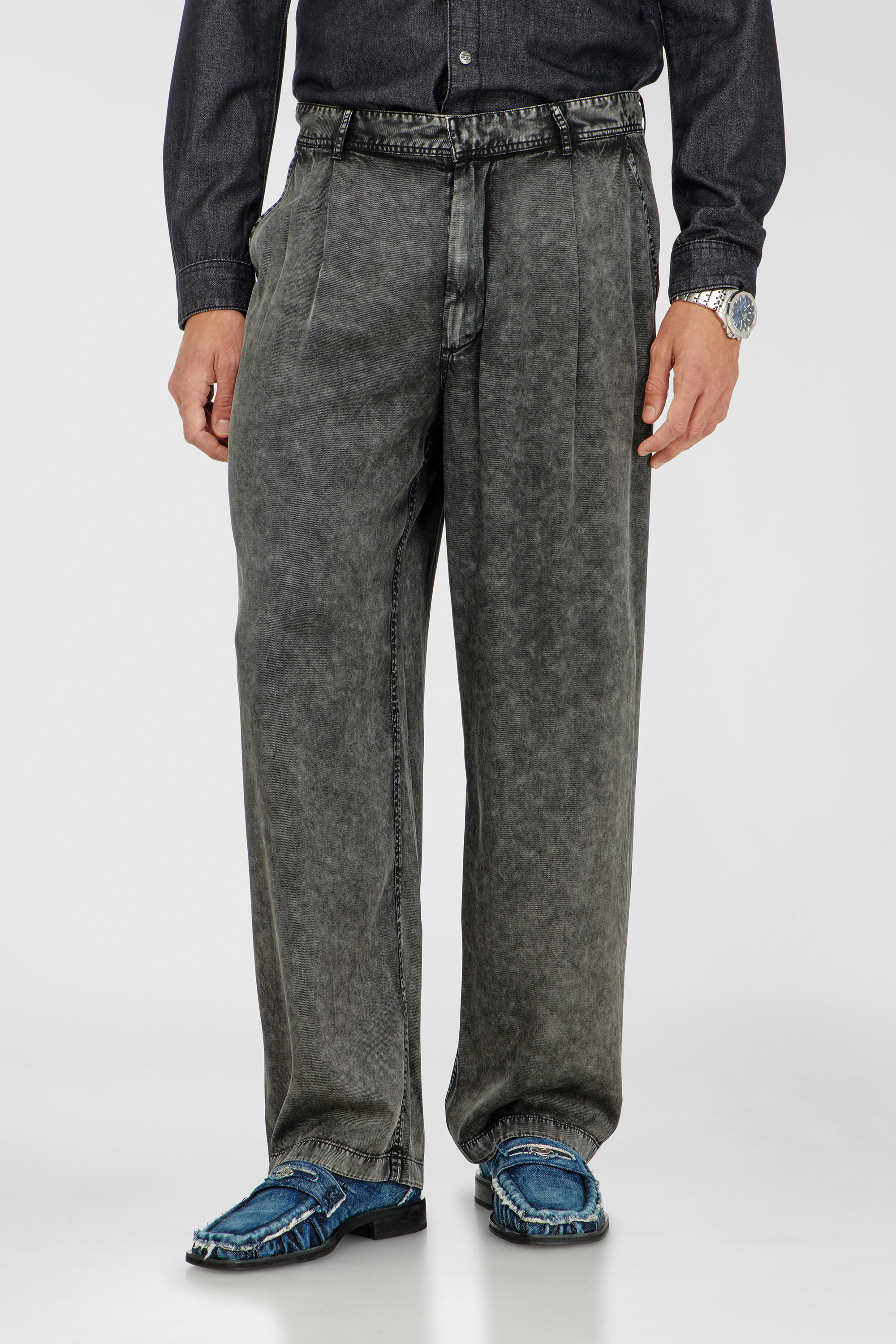 Diesel - P-FAUST-NIBC, Man's Wide-leg pants in denim-effect viscose in Black - 1