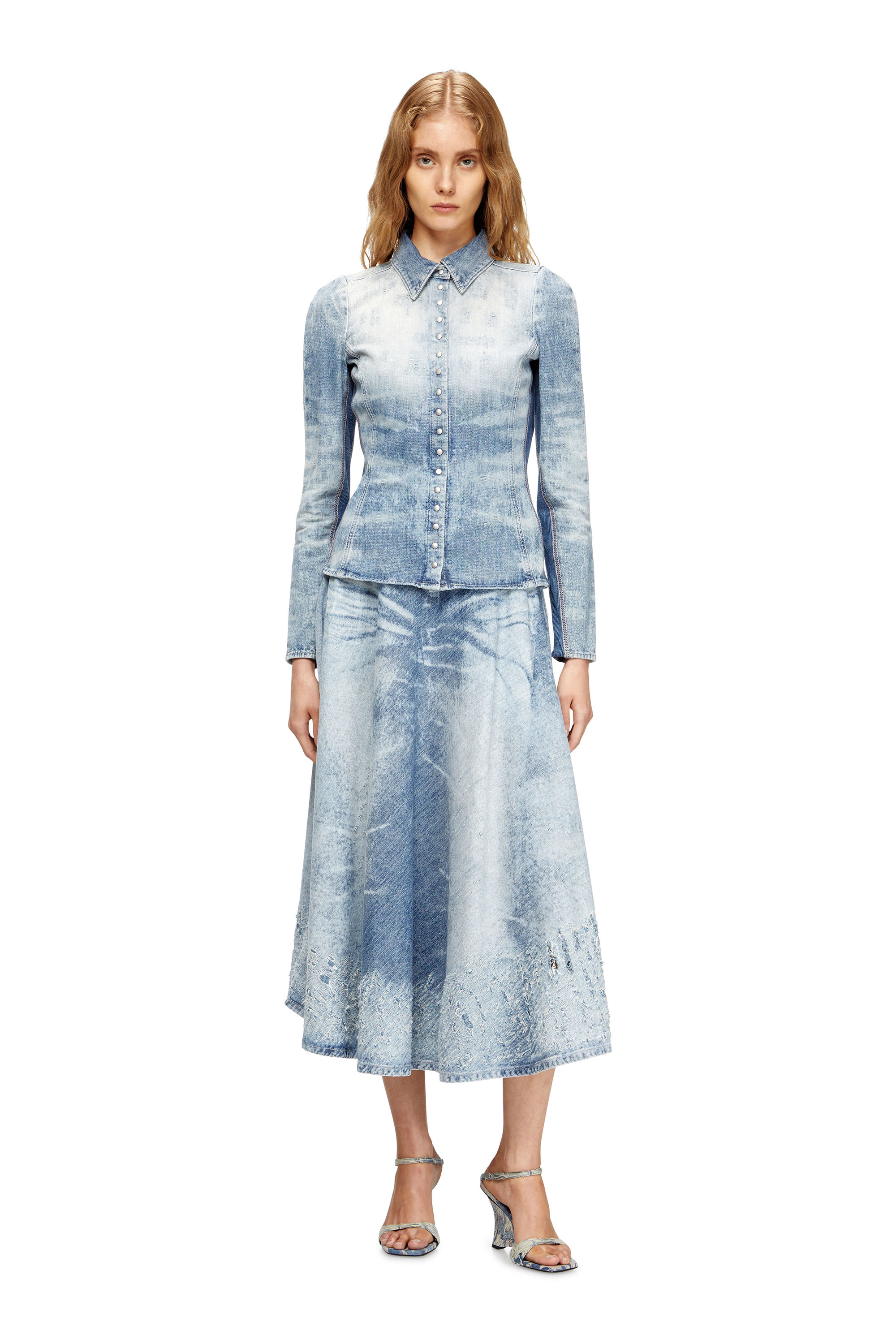 Diesel - DE-MASLY-FSH, Woman's Shirt in distressed honeycomb denim in Light Blue - 2
