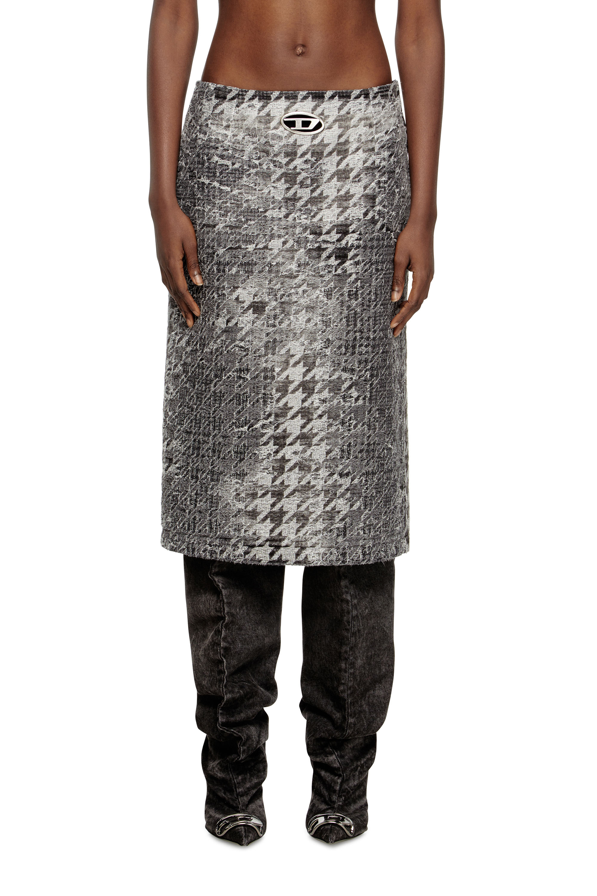 Diesel - DE- RATHIAN-FSH, Woman's Midi skirt in Prince of Wales jacquard denim in Black/White - 1