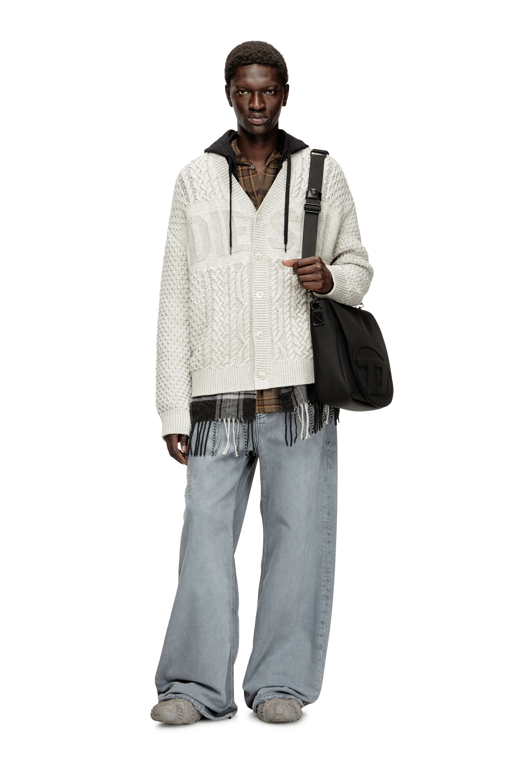 Diesel - K-ANTOINE, Man's Cable-knit cardigan with Diesel logo in Light Grey - 1