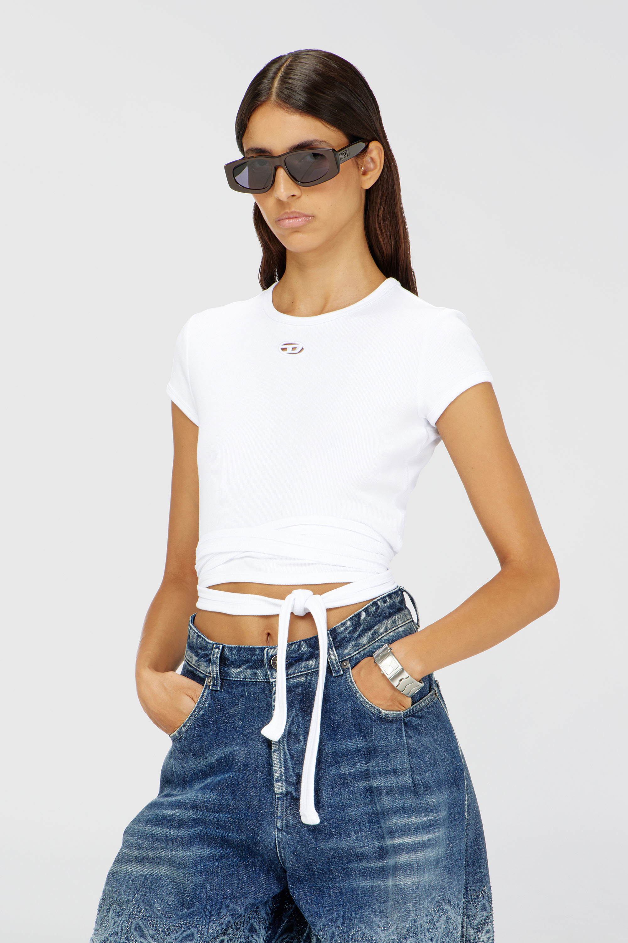Diesel - T-BUNNY-TAIL-S1, Woman's Ribbed t-shirt with wrap-around laces in White - 3