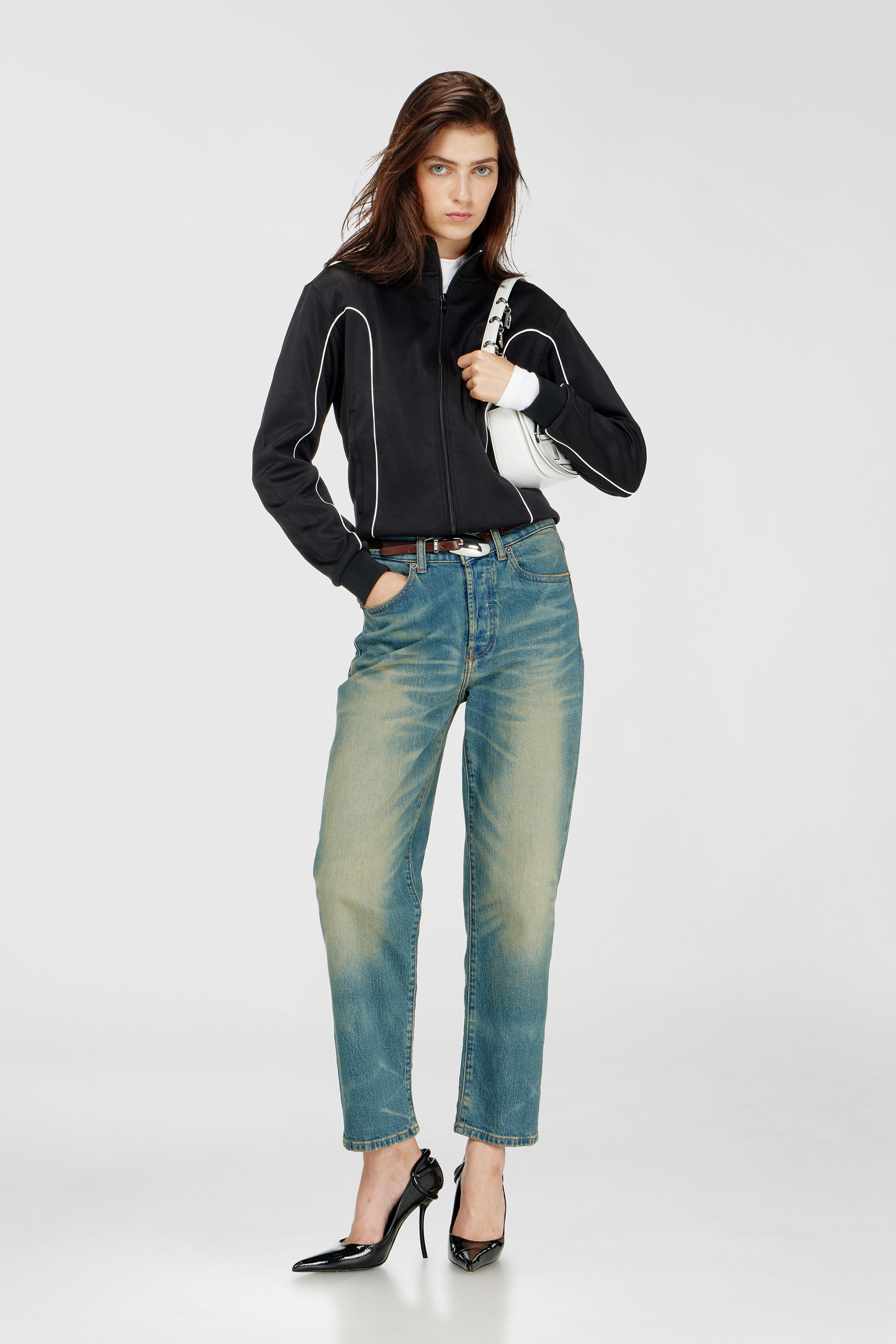 Diesel - F-LOCKING-OD, Woman's Sweat-jacket with contrast piping in Black/White - 1