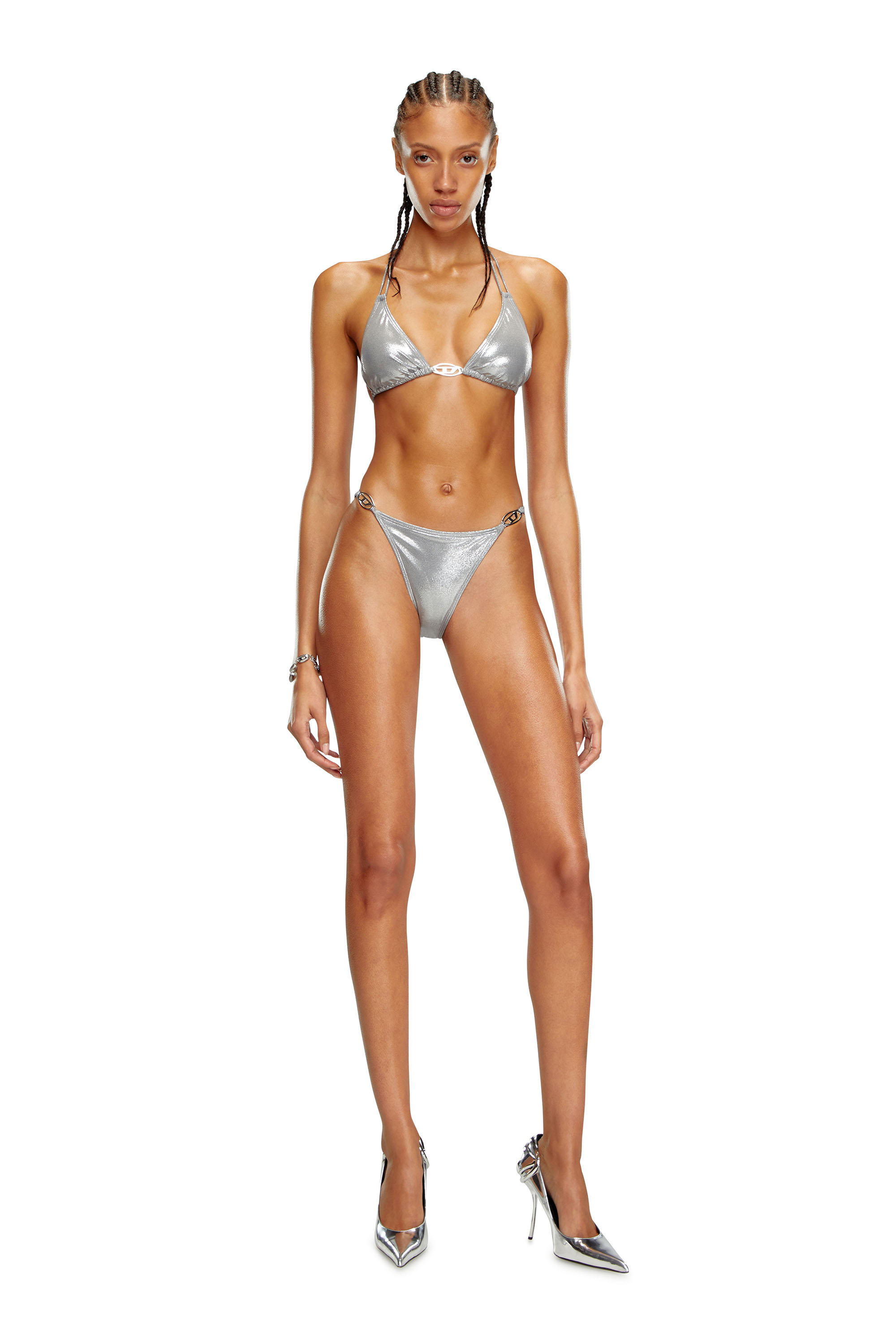 Diesel - BFPN-IRINA-O, Woman Metallic bikini briefs with logo plaques in Silver - Image 1