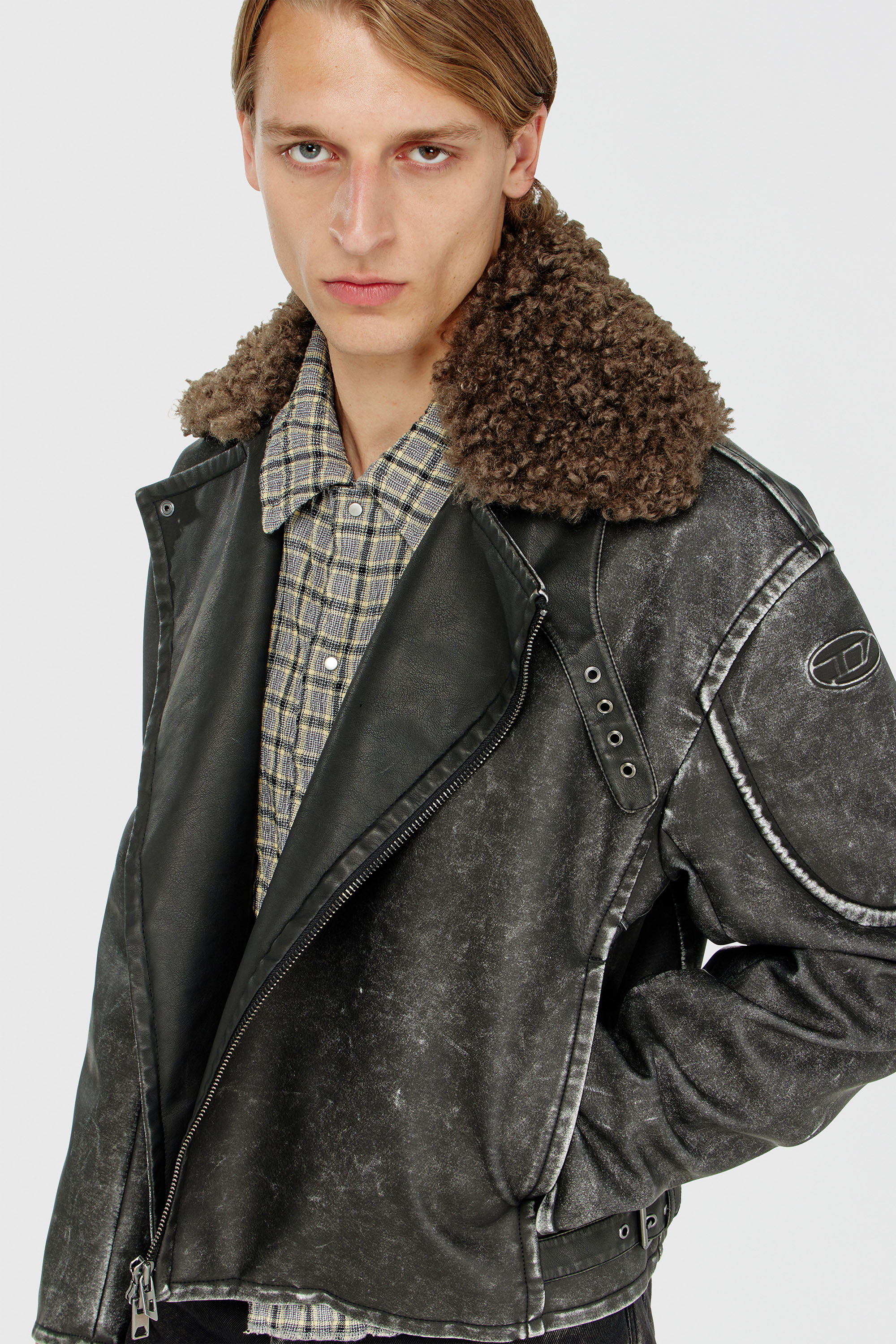 Diesel - W-ALEX, Man's Biker jacket with detachable collar in Dark grey - 6