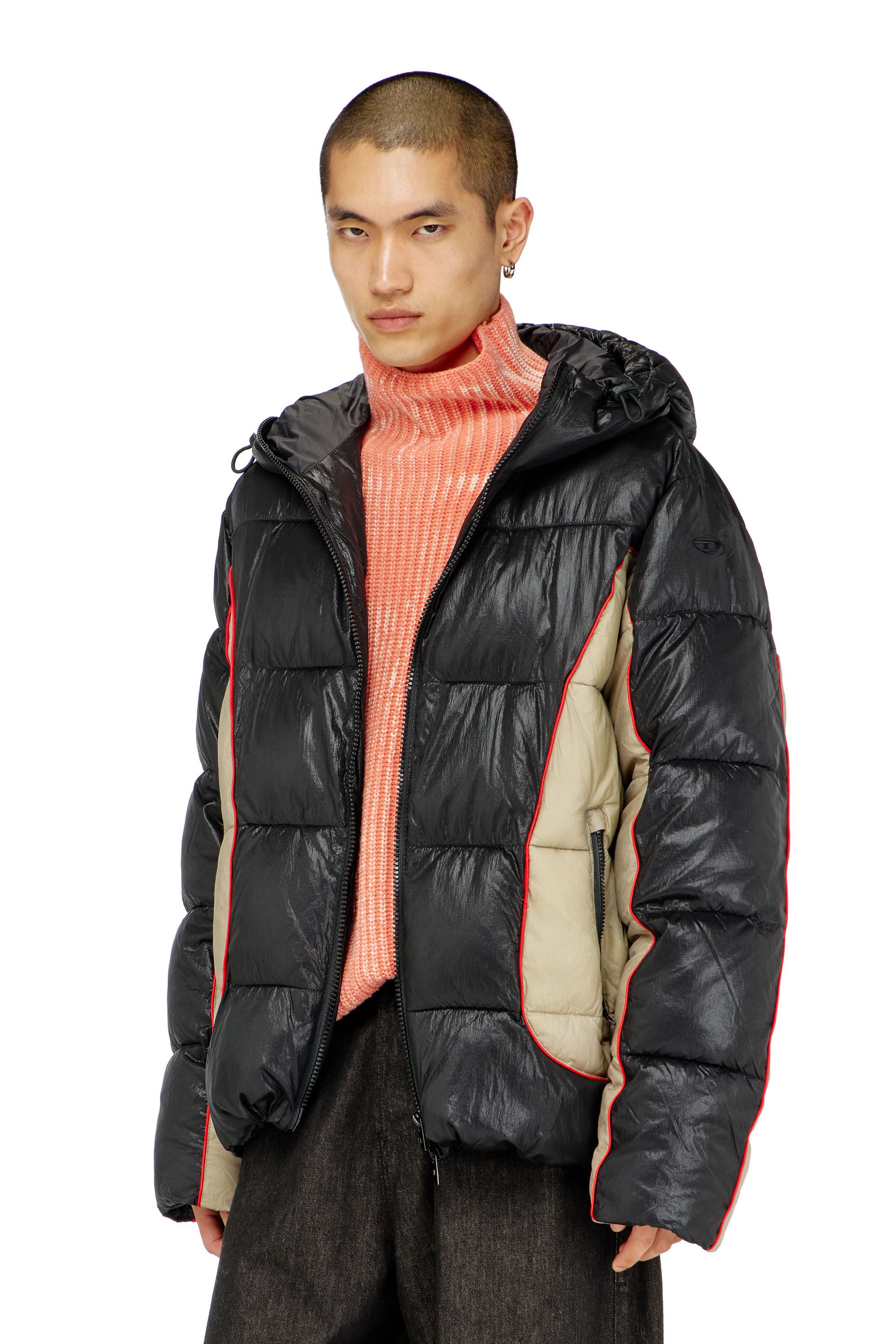 Diesel - W-OSTEND, Man's Hooded puffer jacket in shiny ripstop in Black/Beige - 1