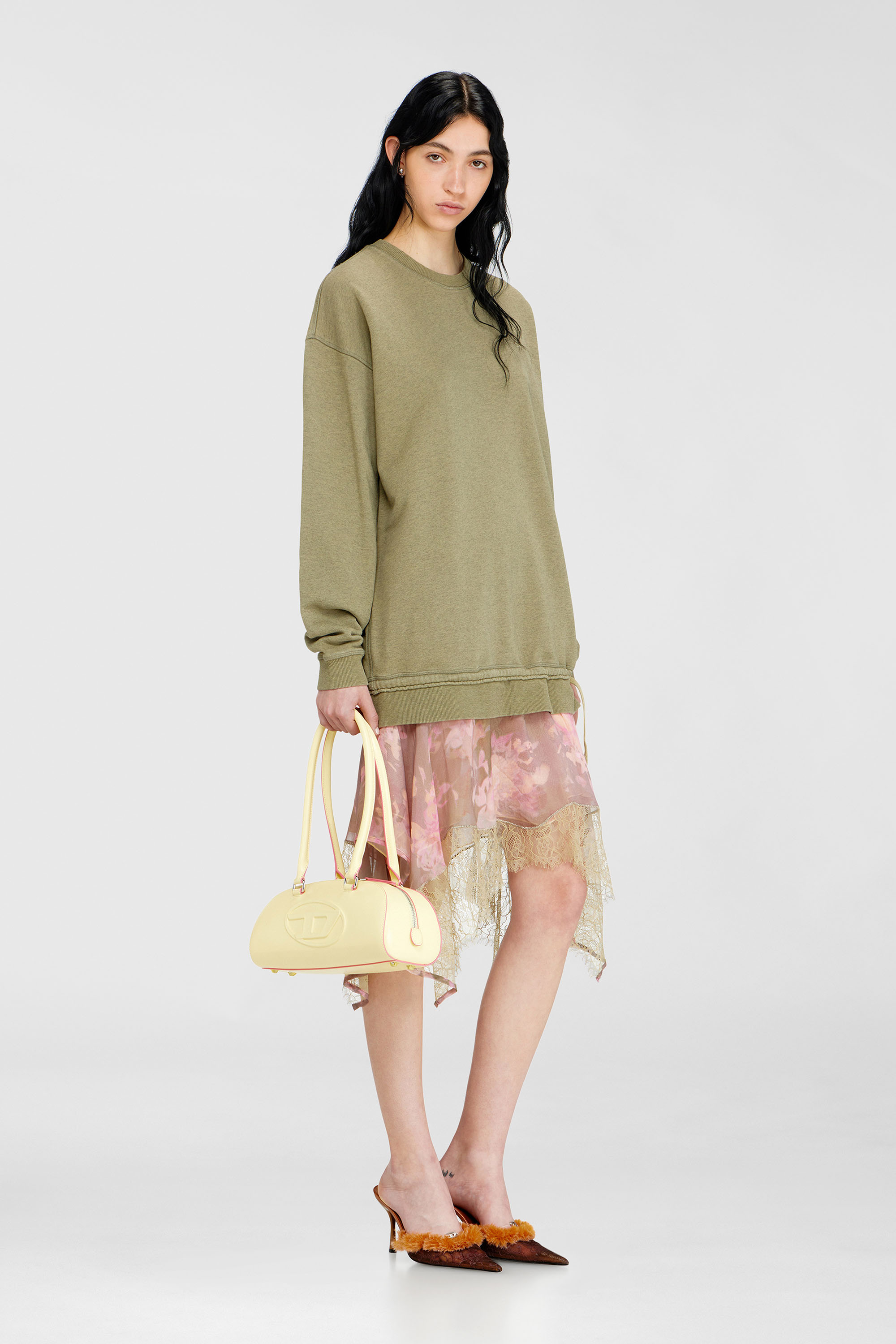 Diesel - D-ORELY, Woman's Sweatshirt dress with chiffon and lace skirt in Pink/Green - 2