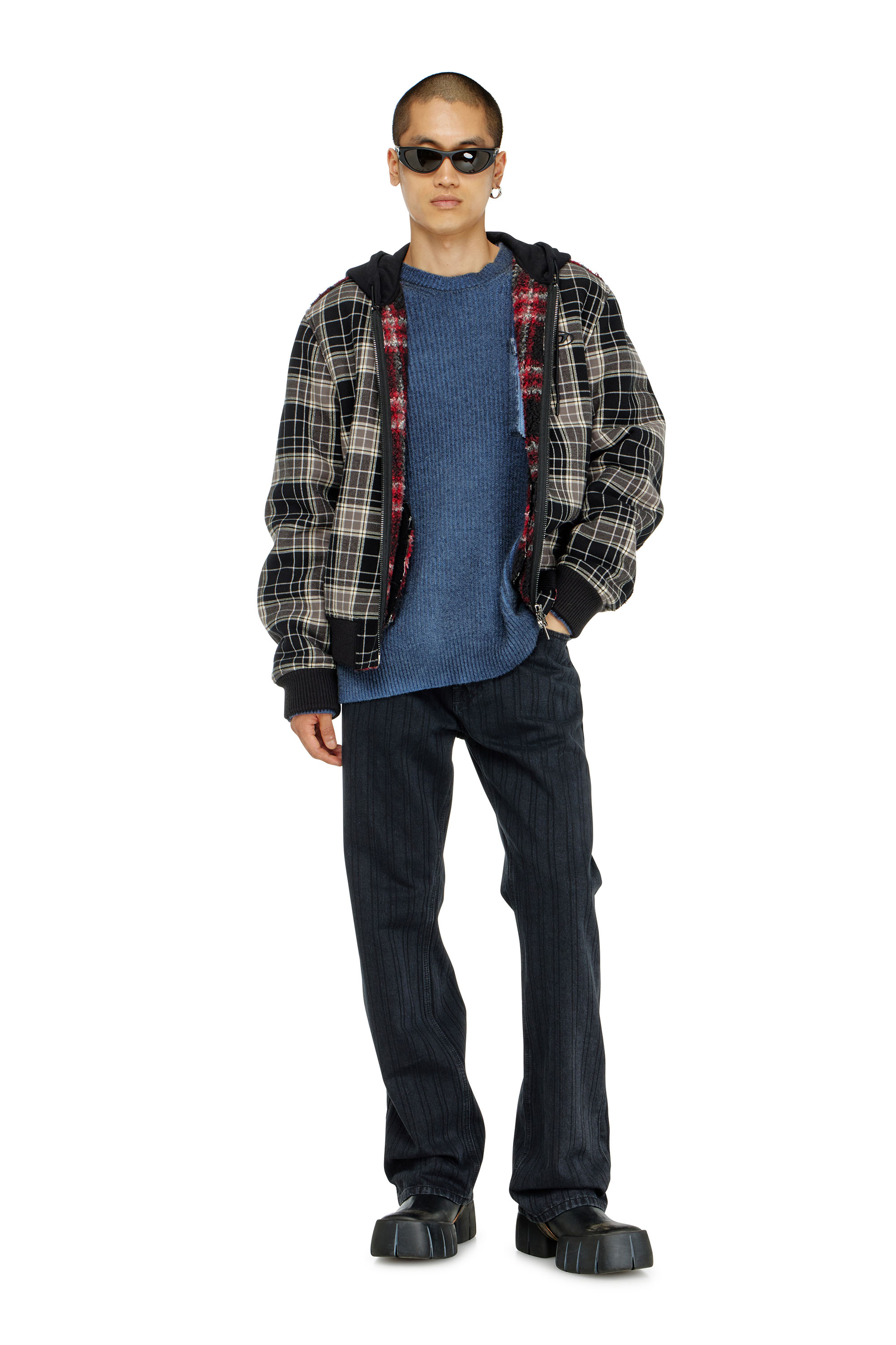 Diesel - W-KUNST, Man's Check-flannel bomber jacket with teddy interior in Grey/Black - 2