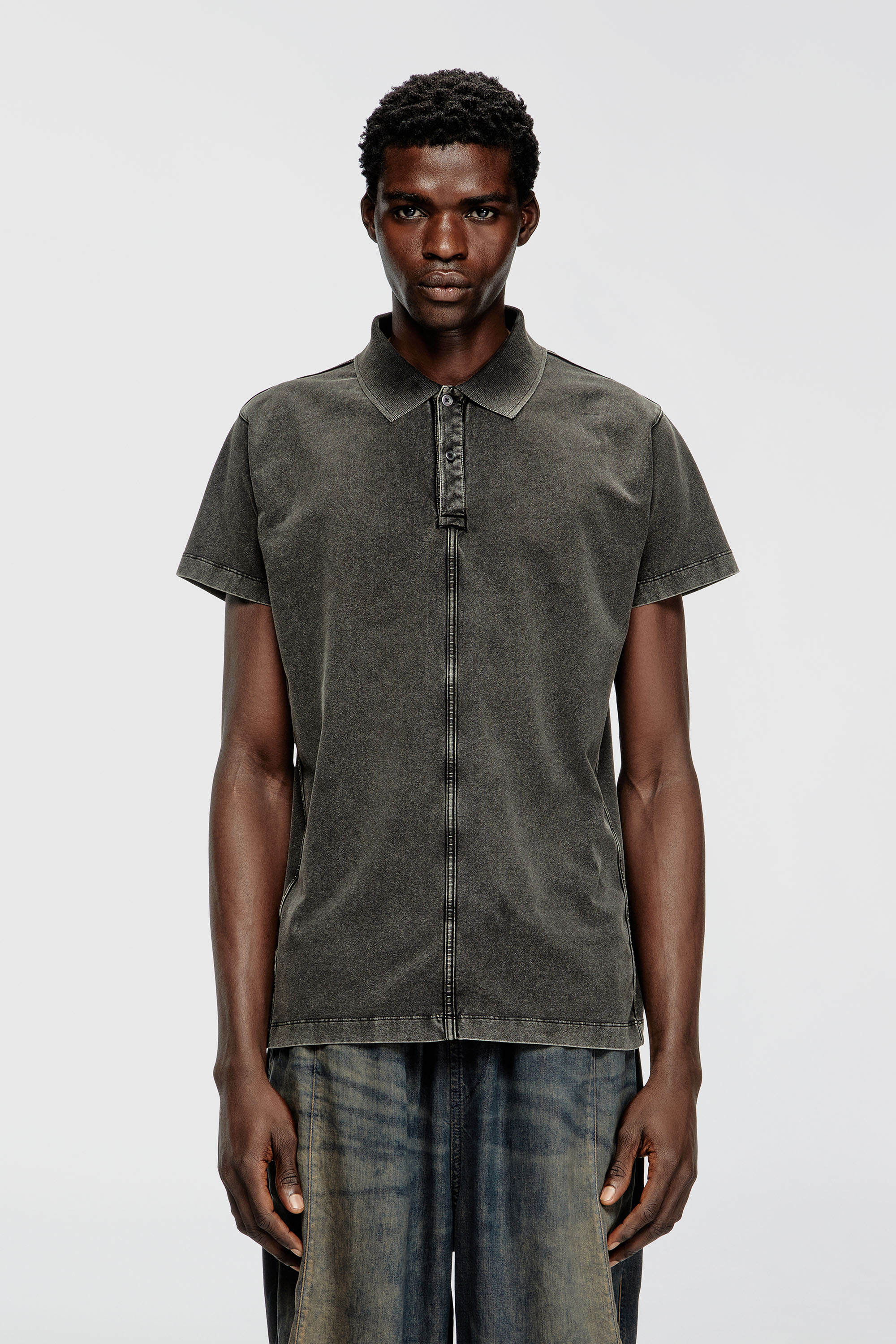 Diesel - T-NOMELY, Man's Polo shirt in denim-look jersey in Black - 1