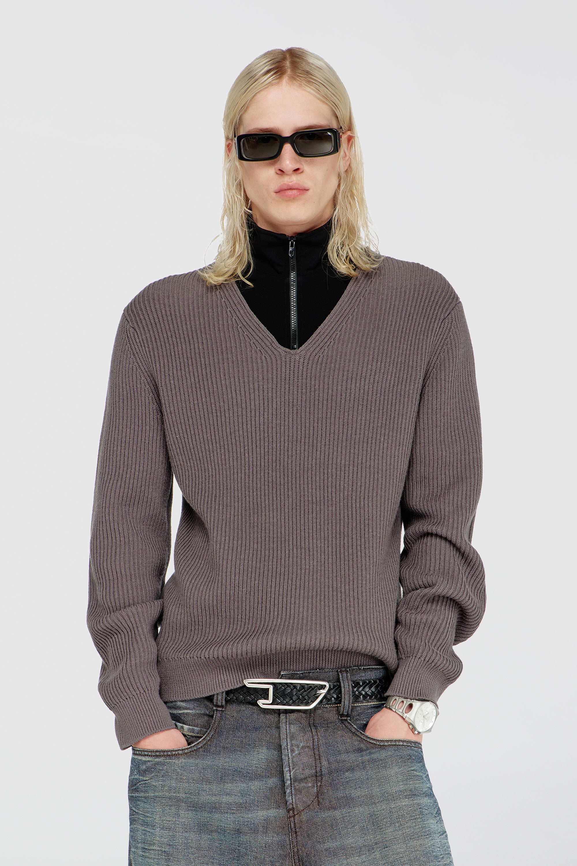 Diesel - K-MAMU, Man's Half-zip sweater with layered neckline in Black/Grey - 1