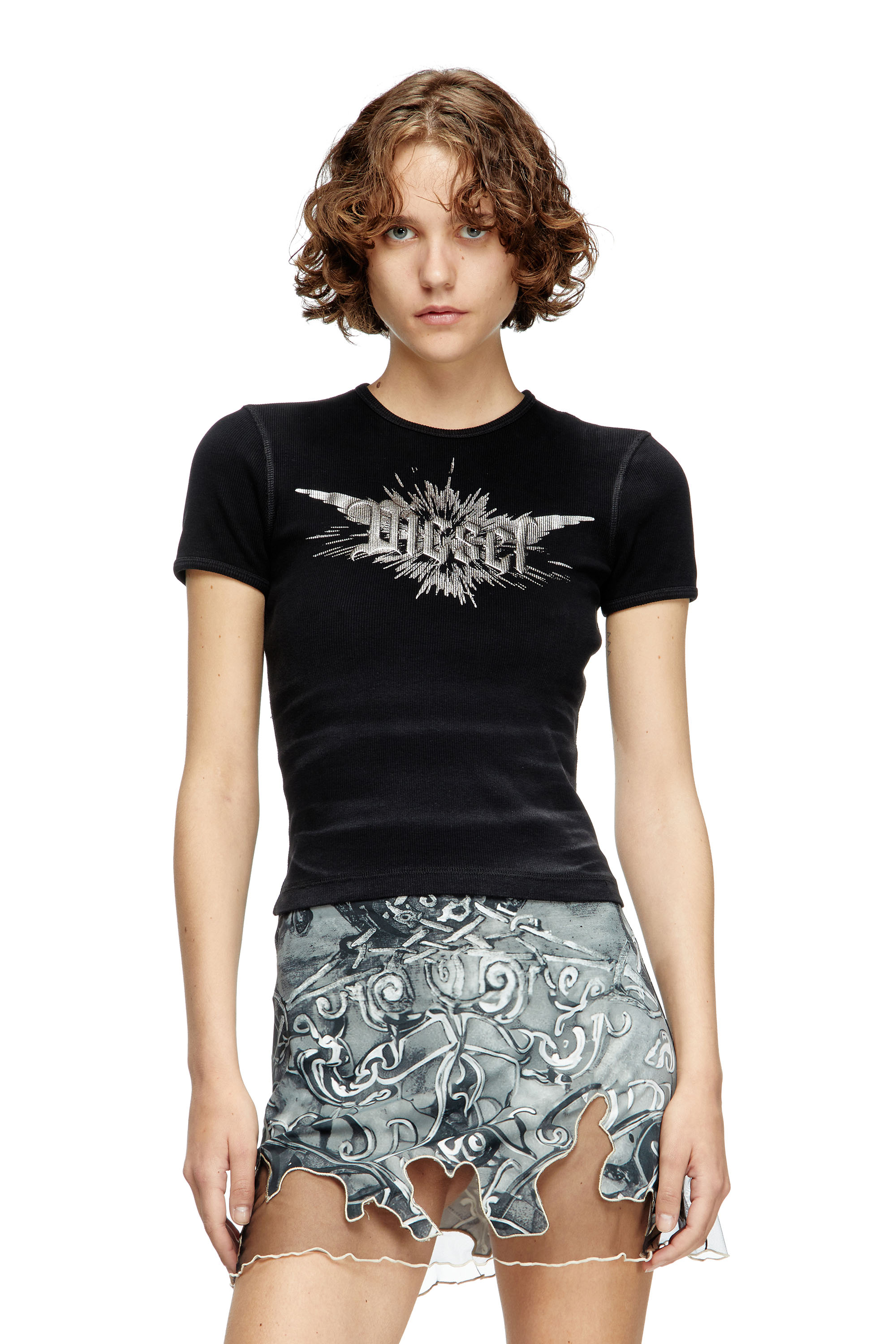 Diesel - T-ELE-LONG-P2, Woman's T-shirt with winged Diesel foil print in Black - 3