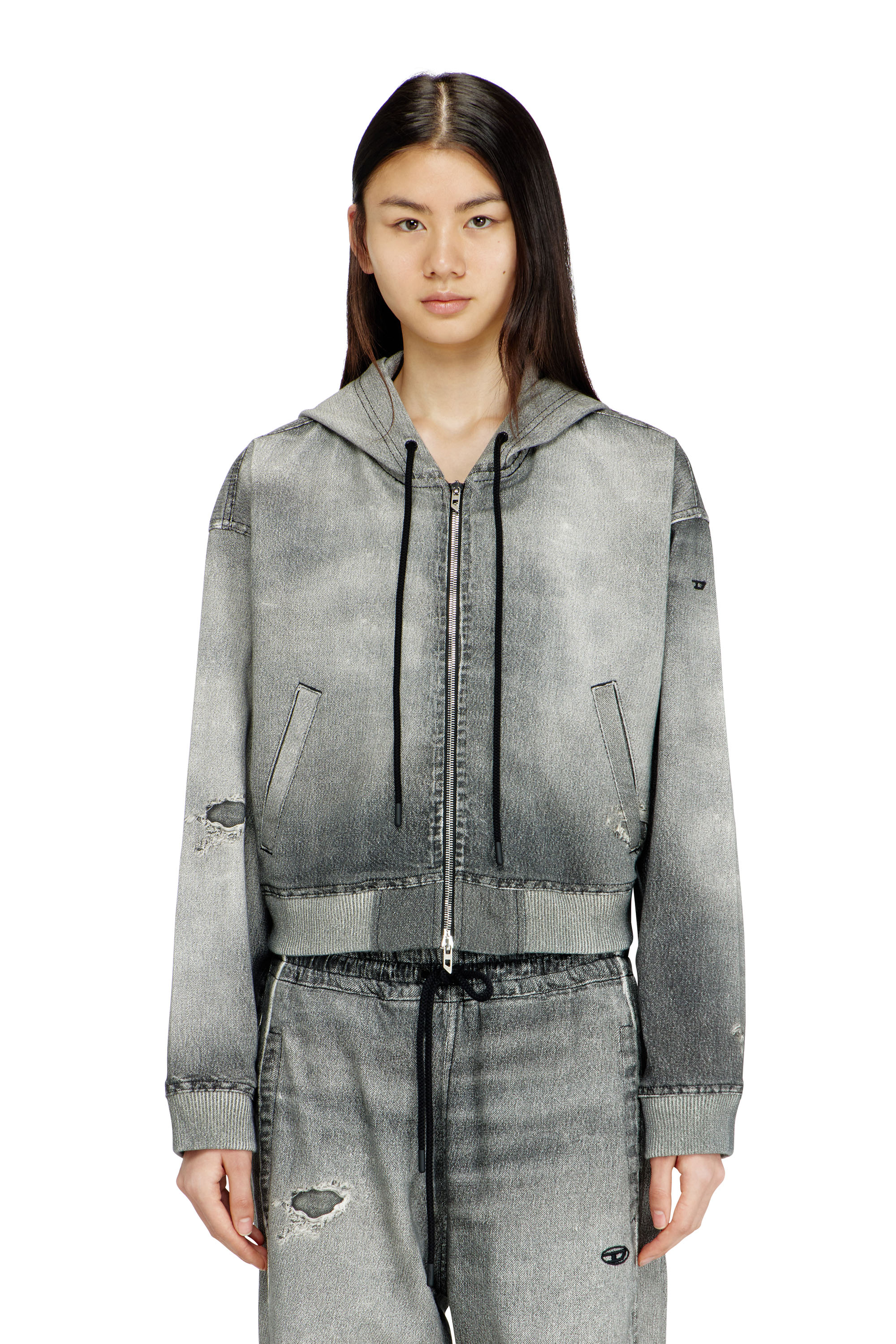 Diesel - DE-GIRI-CROP JOGG, Woman's Zip-up hoodie in trompe l'oeil JoggJeans in Grey - 1