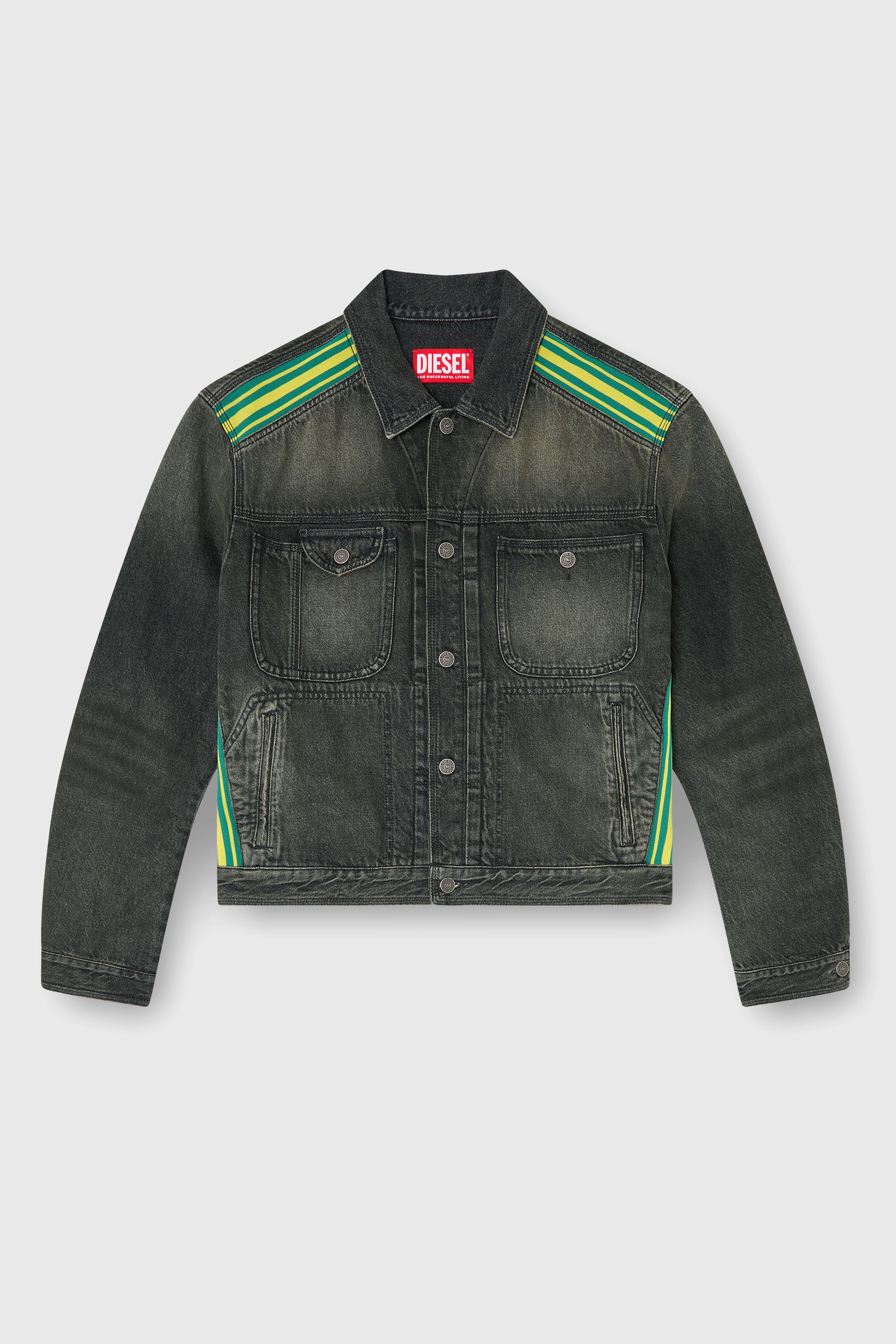Diesel - D-BAS-FSJ1, Man's Trucker jacket with striped shoulder bands in Dark grey - 1