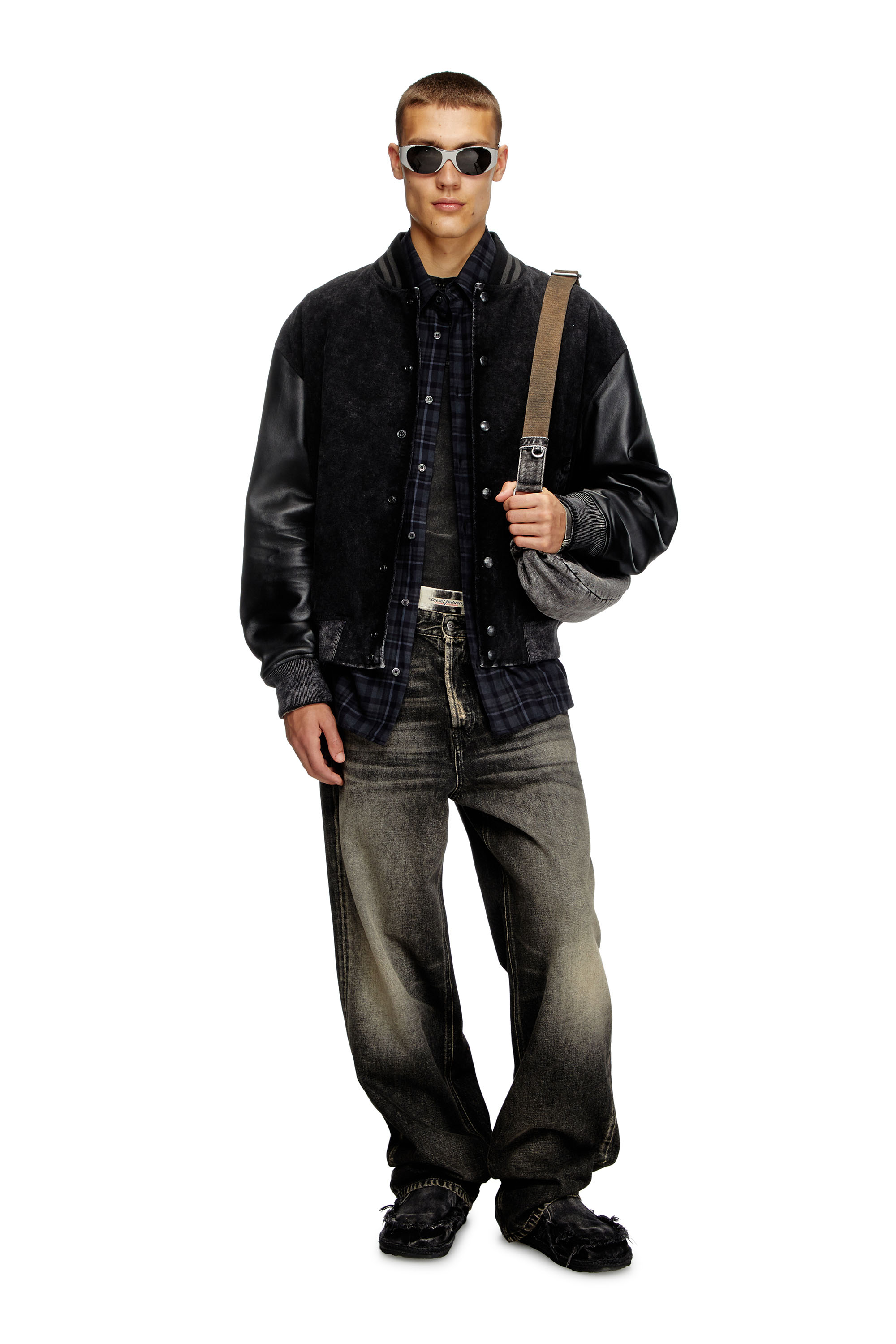 Diesel - L-NYN, Man's Denim and leather bomber jacket in Black - 2