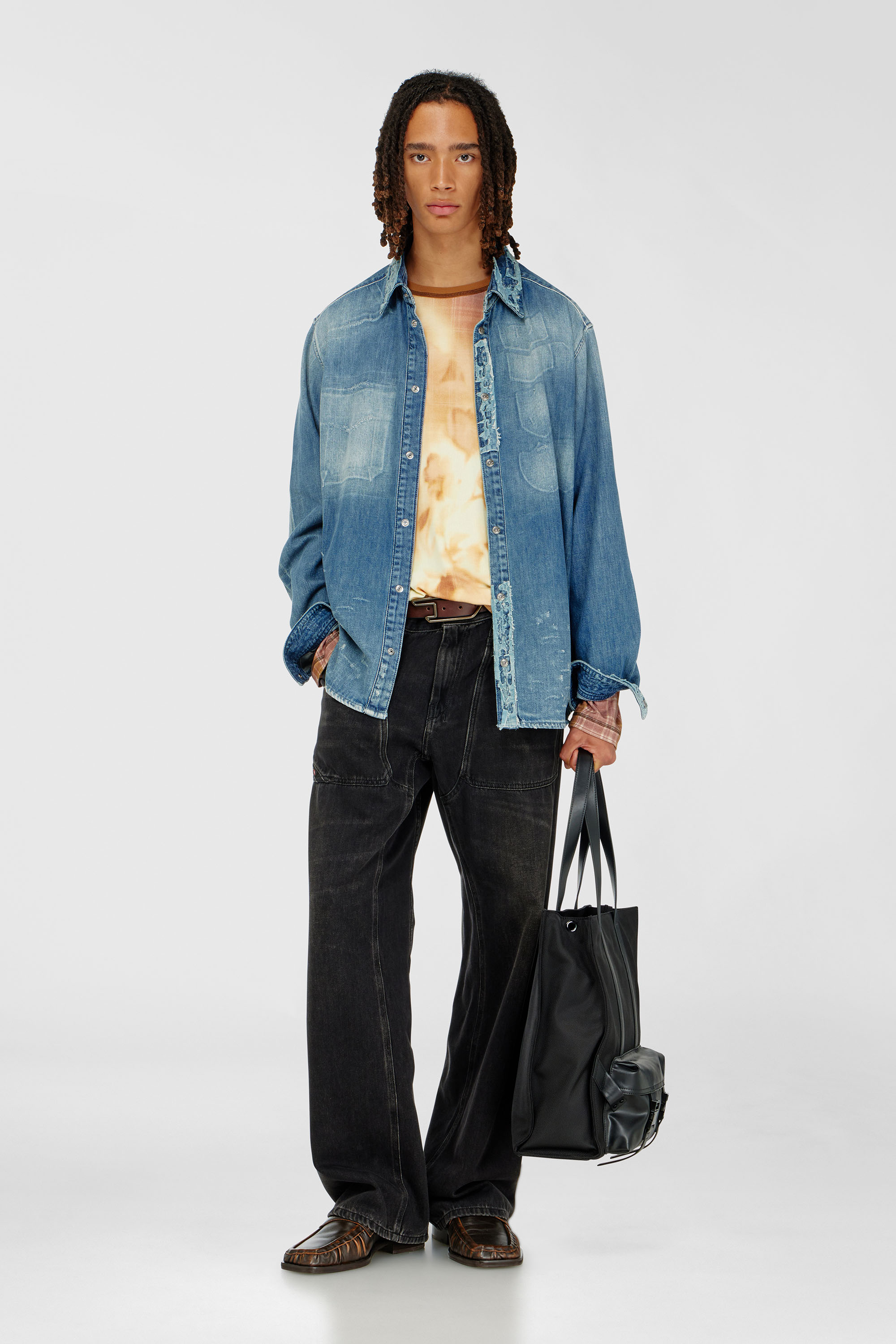 Diesel - D-SIMPLY, Man's Shirt in distressed patch-effect denim in Light Blue - 2