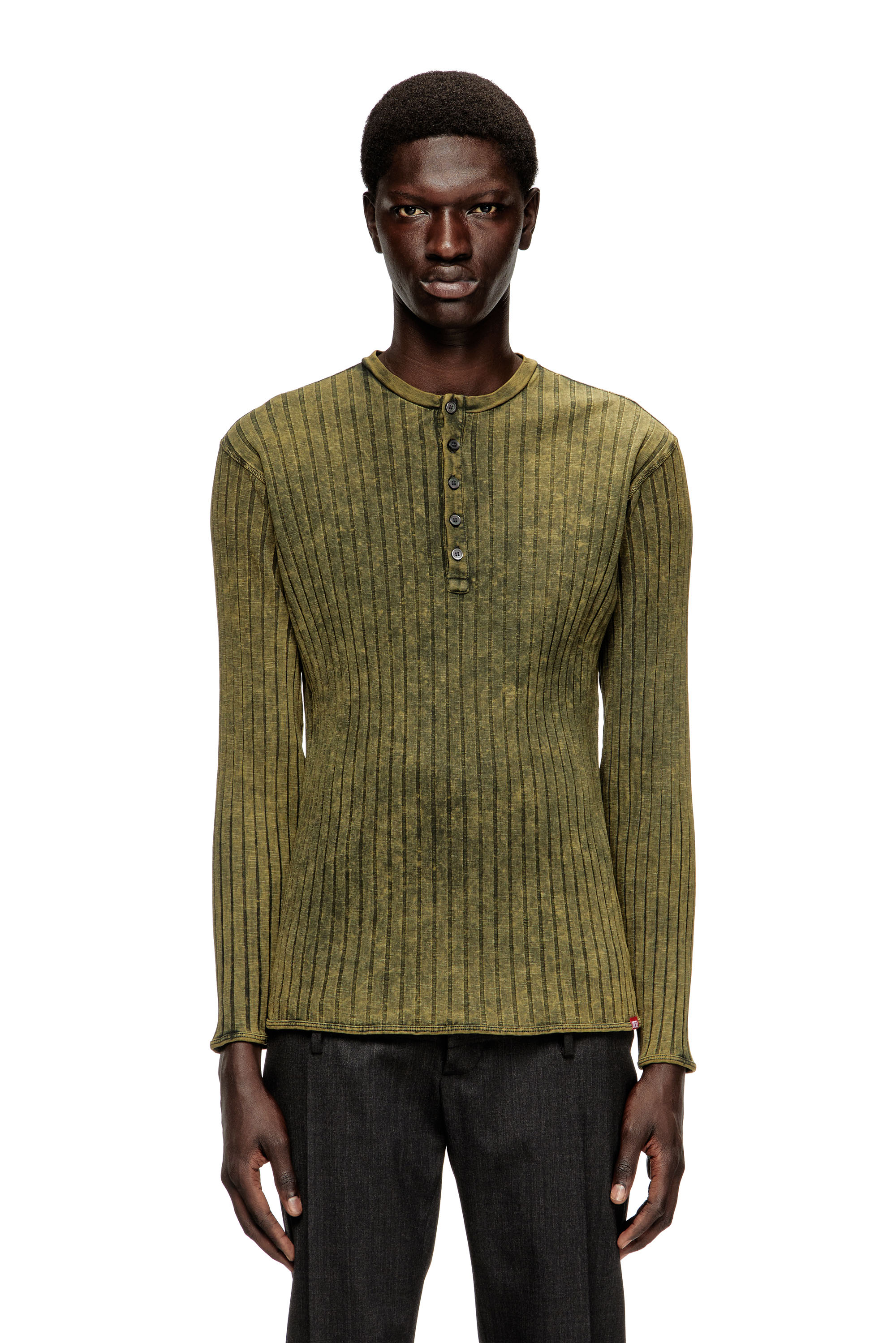 Diesel - T-ALLY, Man's Henley top in treated wide-rib jersey in Green - 1
