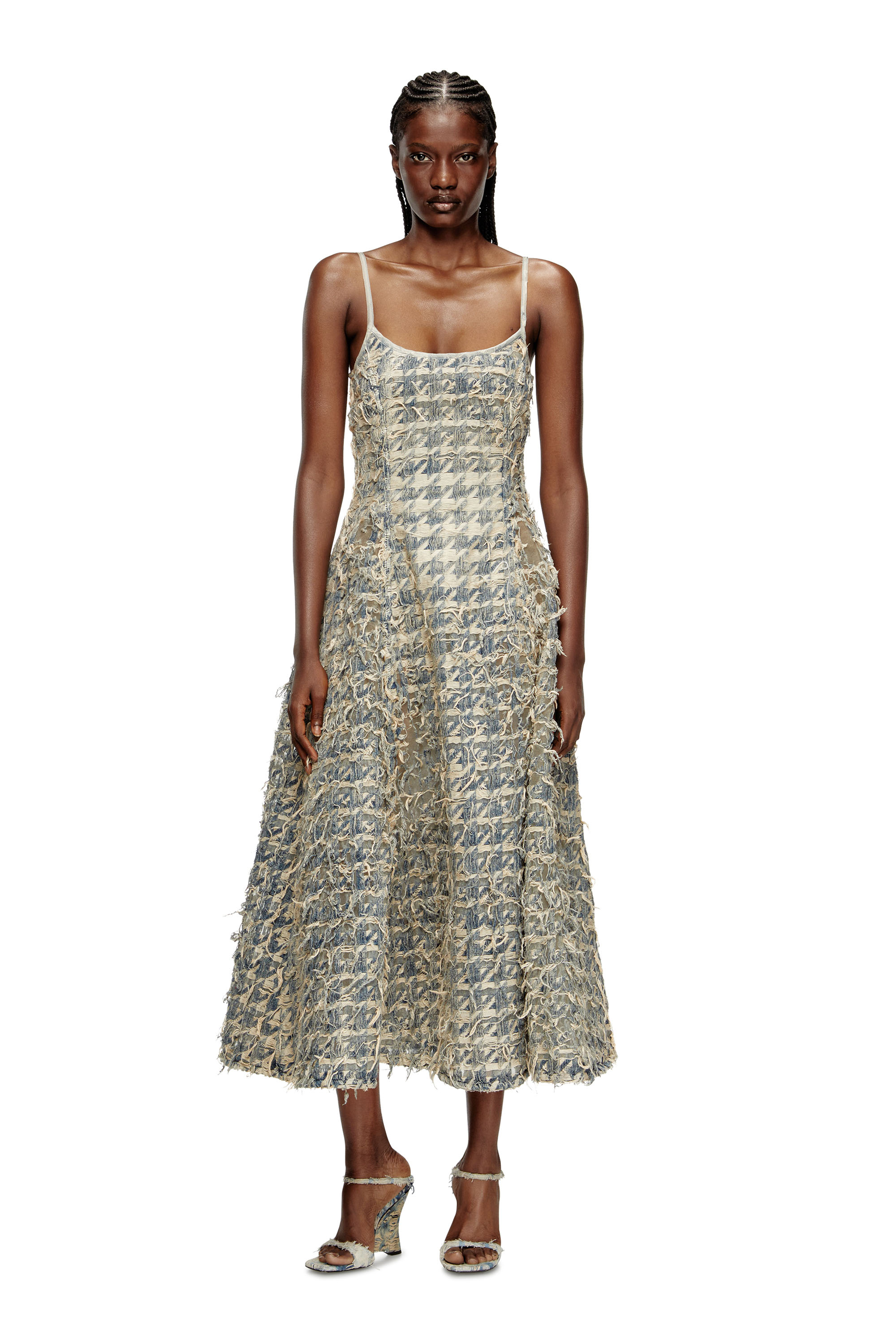 Diesel - DE-SWEENEY-LONG-FSH, Woman's Long skirt in dévoré houndstooth denim in Light Blue - 1