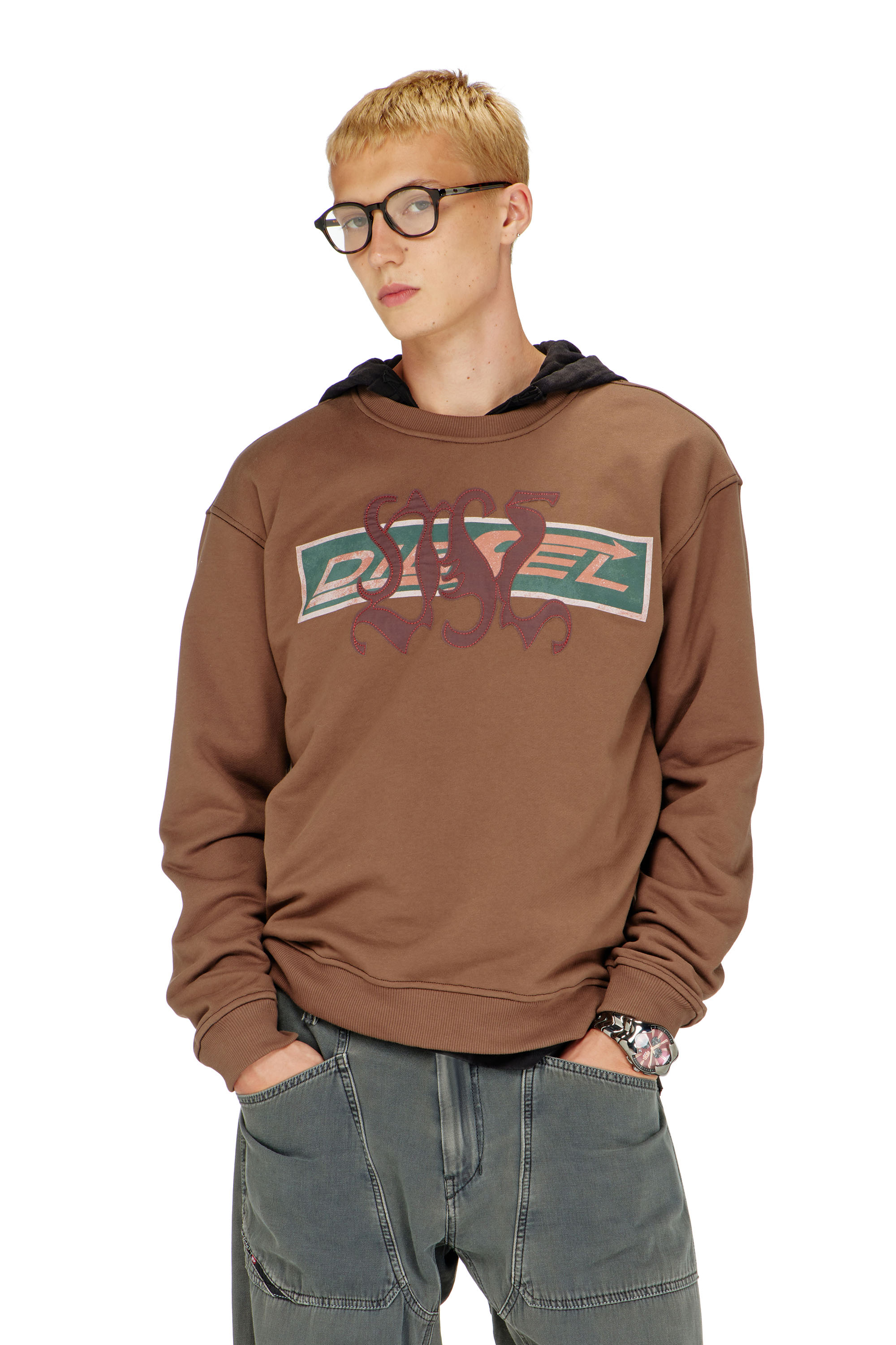 Diesel - S-NORM-AA6, Man's Sweatshirt with graphic prints and patches in Brown - 1