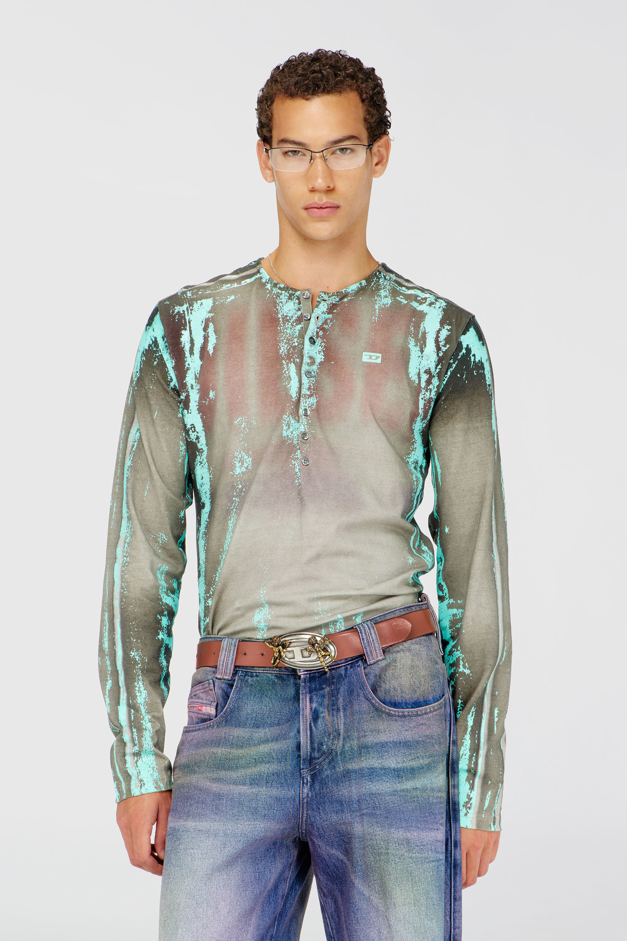 Diesel - T-FYNO-ML, Man's Grandad T-shirt in cracked leather-effect jersey in Grey/Blue - 1