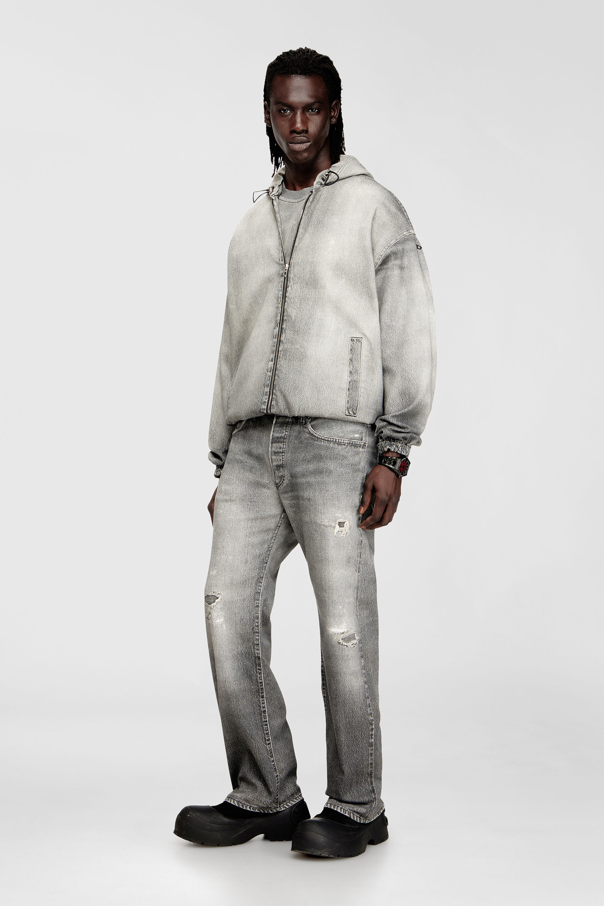 Diesel - D-WYNNY JOGG, Man's Hooded jacket in trompe l'oeil JoggJeans in Grey - 1