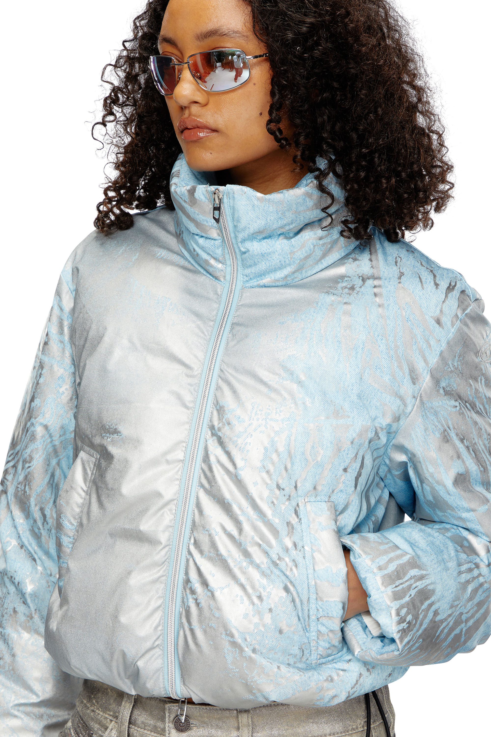 Diesel - W-HIMSY, Woman's Cropped padded jacket with metallic effects in Silver/Blue - 4