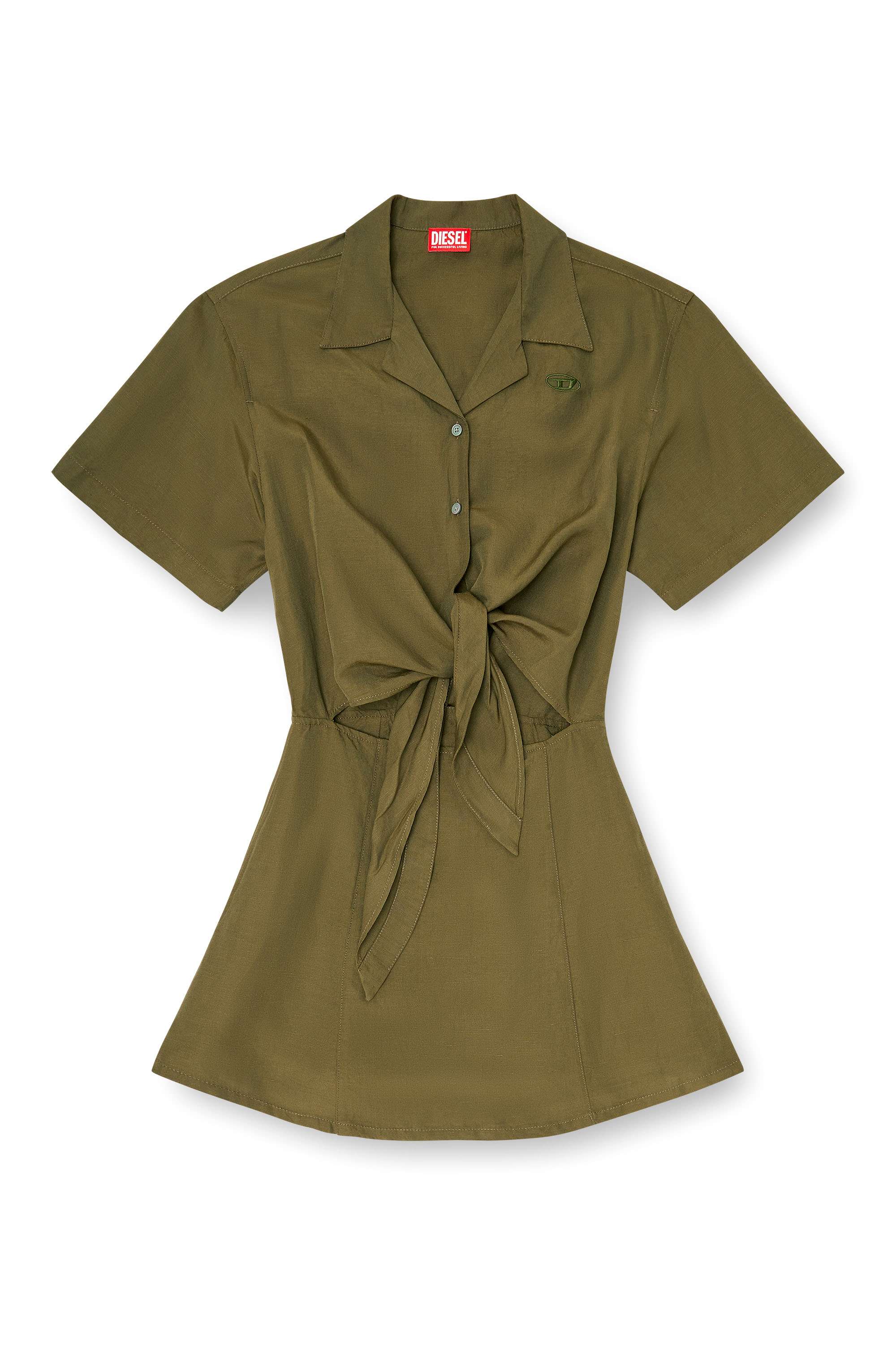 Diesel - D-STALL, Woman's Linen-blend mini dress with waist knot in Military Green - 2
