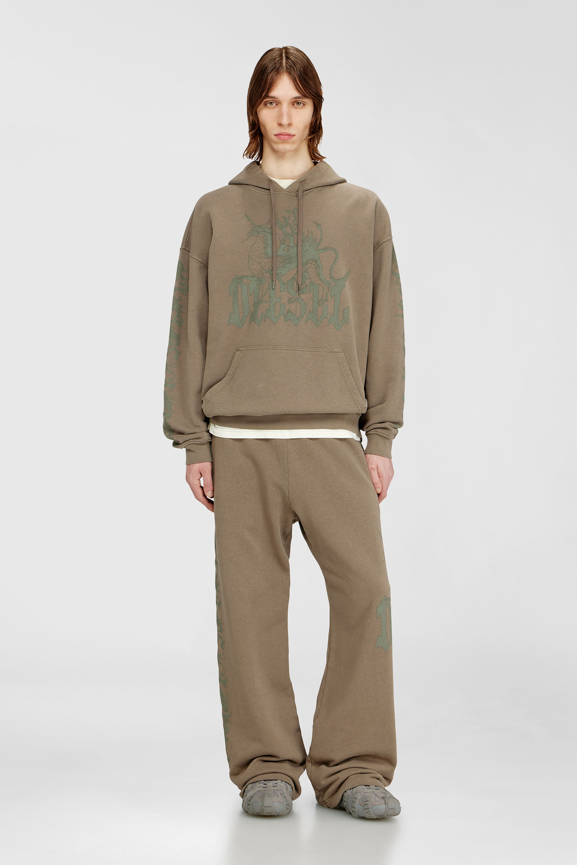 Diesel - S-GRIFFON, Man's Treated hoodie with griffin print in Light Brown - 2