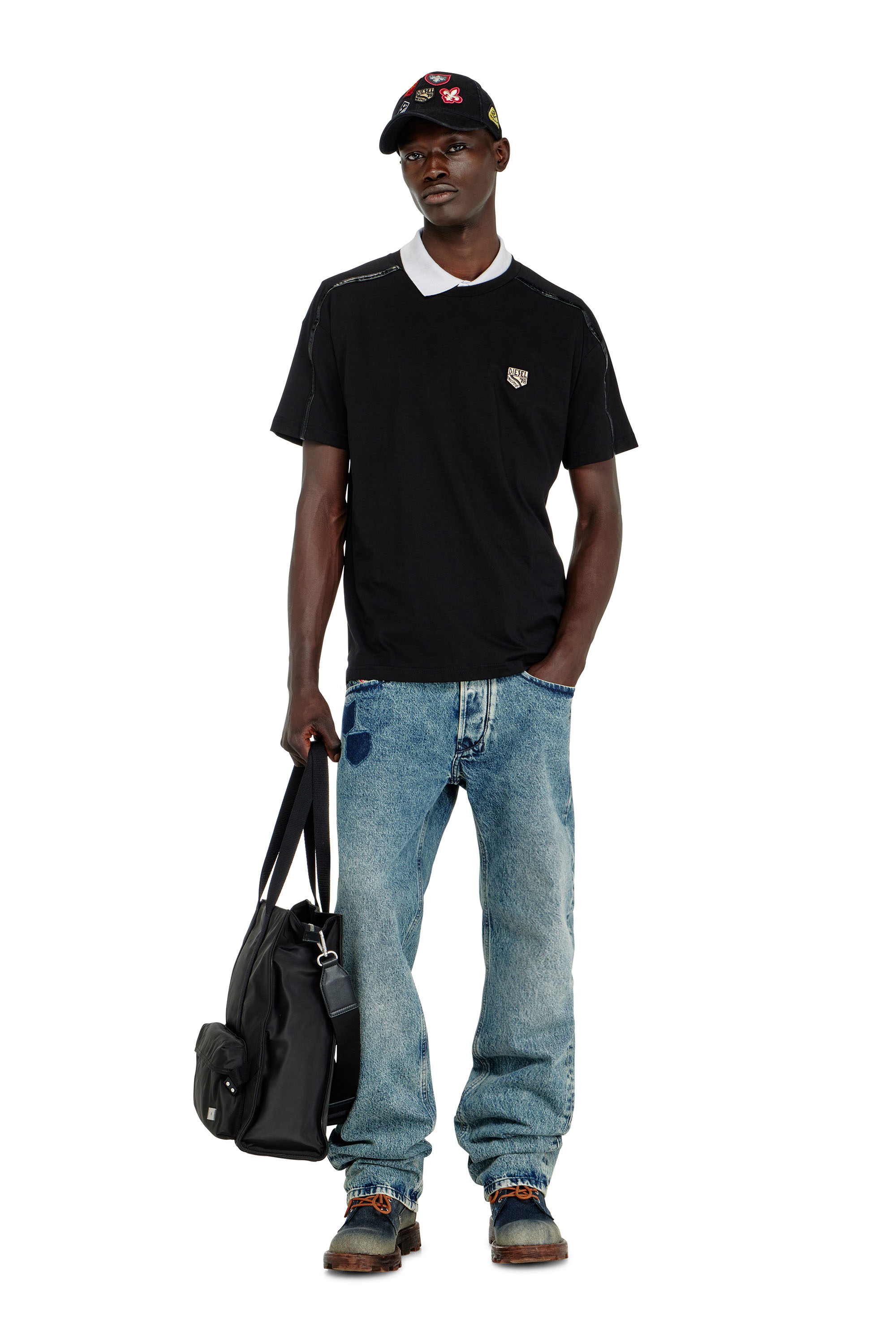 Diesel - T-NORM-FL, Man's T-shirt with contrast trims and logo patch in Black - 2