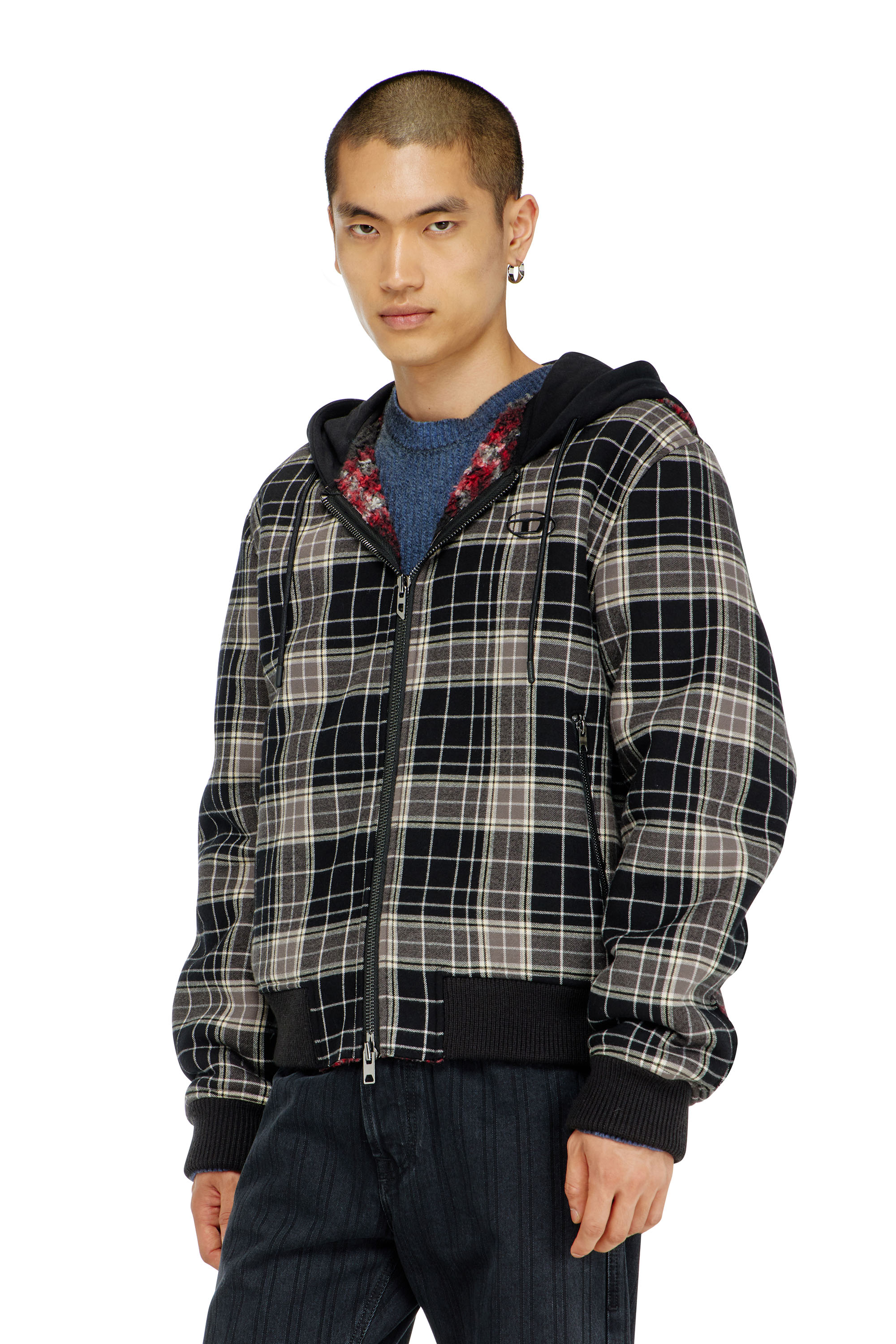 Diesel - W-KUNST, Man's Check-flannel bomber jacket with teddy interior in Grey/Black - 1