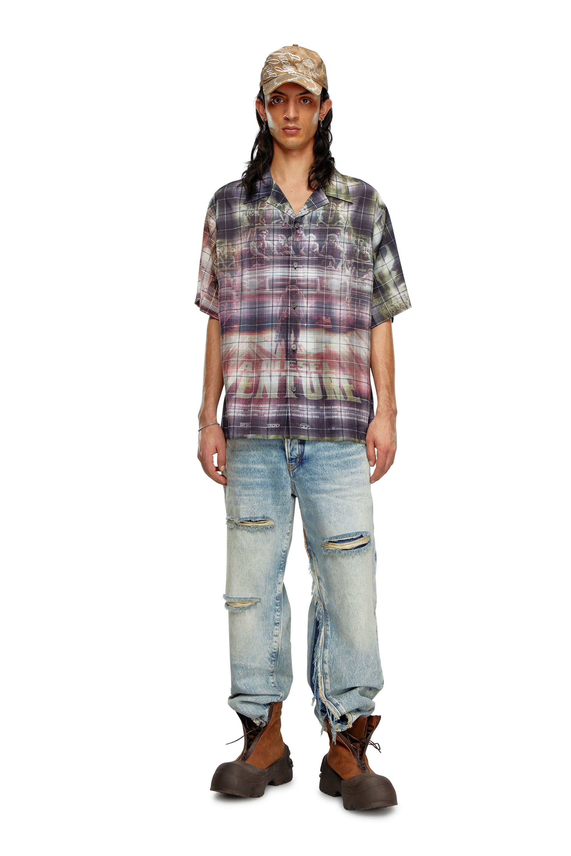 Diesel - S-TILBORG, Man Short-sleeve check shirt with poster print in Multicolor - Image 2