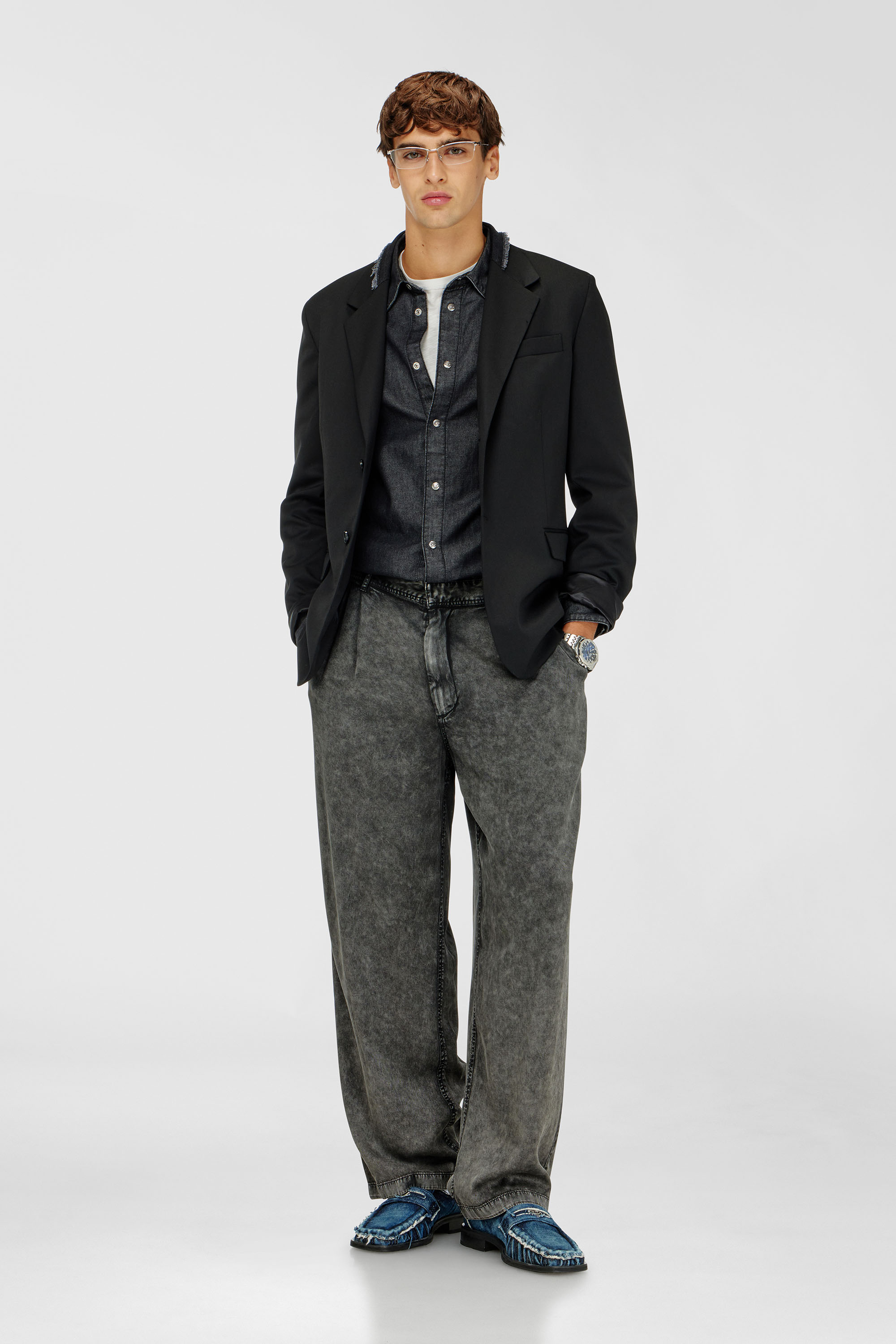 Diesel - P-FAUST-NIBC, Man's Wide-leg pants in denim-effect viscose in Black - 2