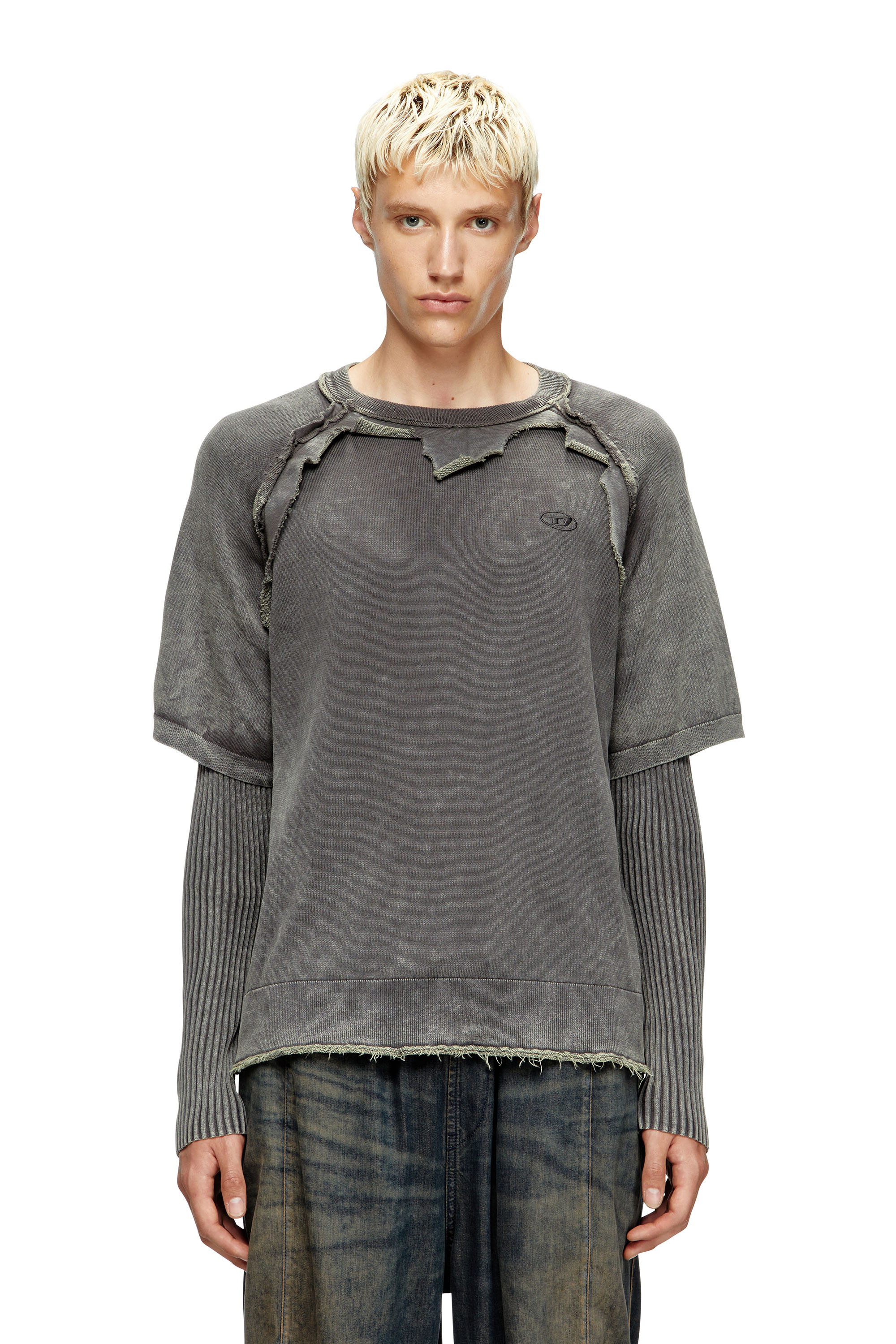 Diesel - K-PETRO, Man's Layered sweater with destroyed effect in Dark grey - 1