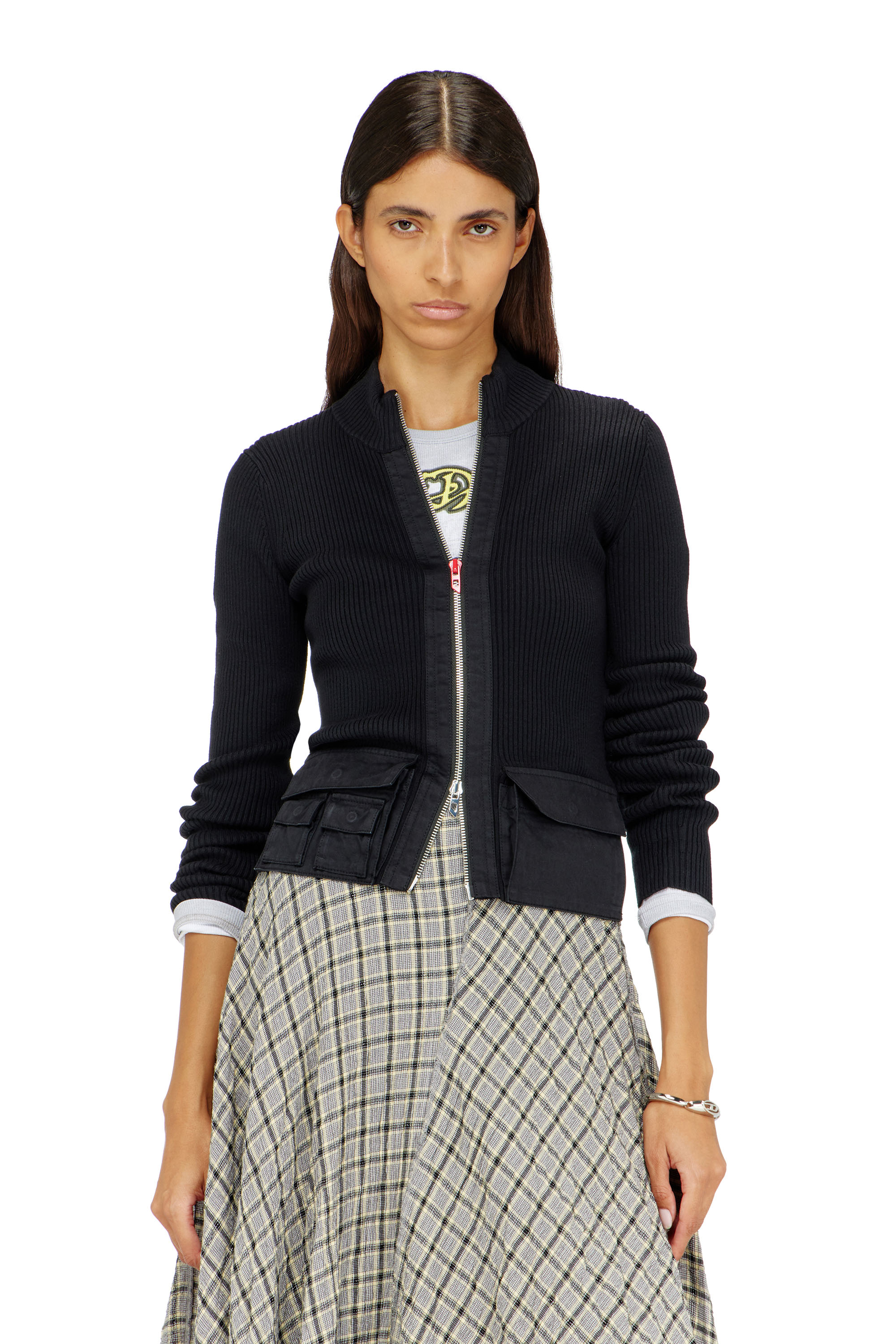 Diesel - M-MELISSA, Woman's Ribbed cardigan with cargo pockets in Black - 1
