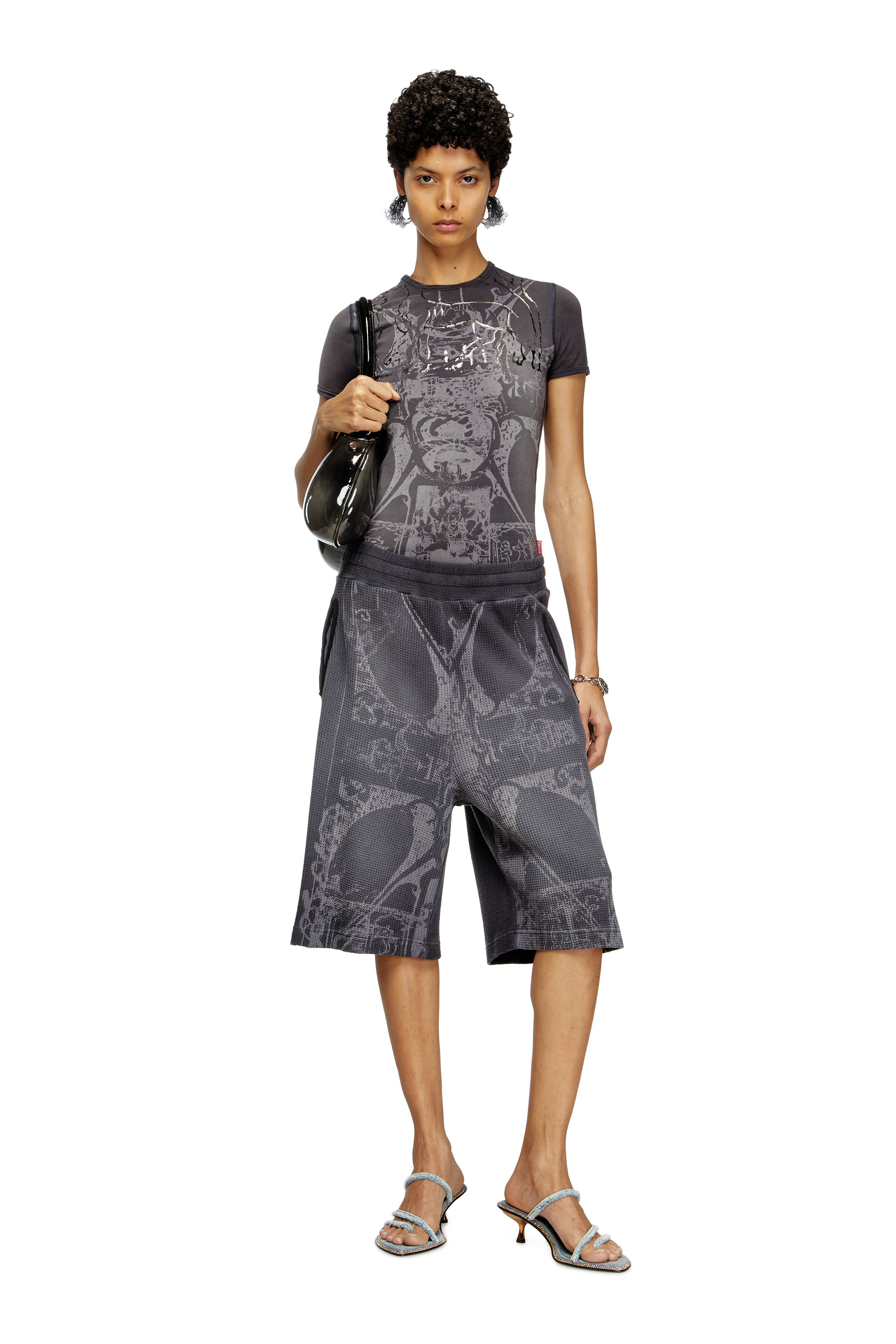 Diesel - T-UNCUTIES-LONG-R6, Woman's T-shirt with foil print in Black - 2