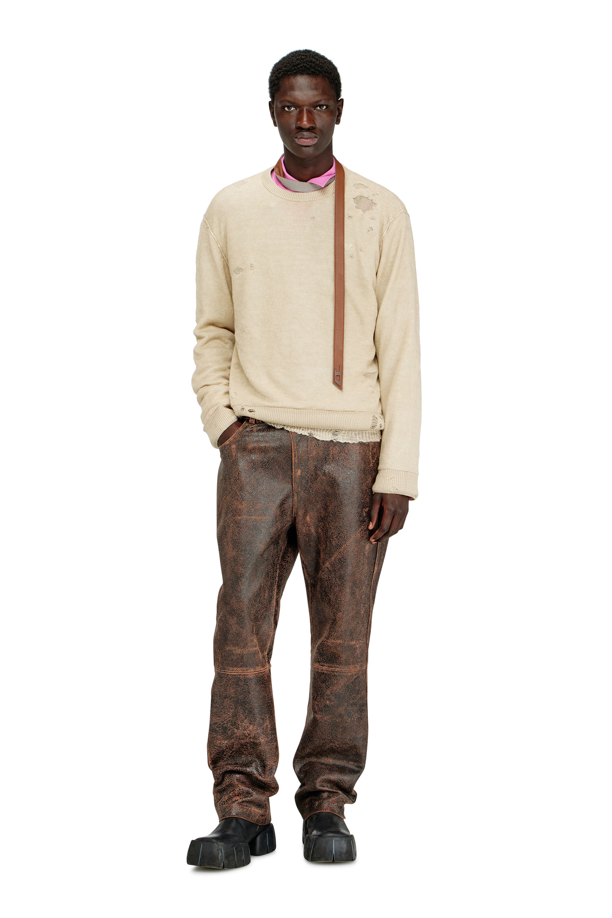 Diesel - K-DAIANAS, Man's Destroyed linen jumper in Light Brown - 1