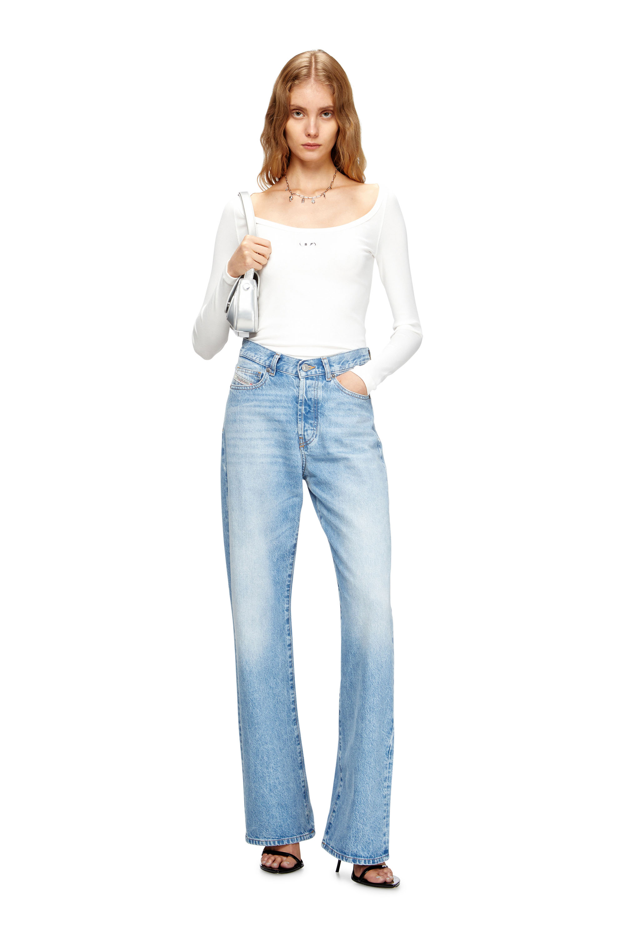 Diesel - T-BAL-OD, Woman's Long sleeve ribbed top with metallic Oval D in White - 1