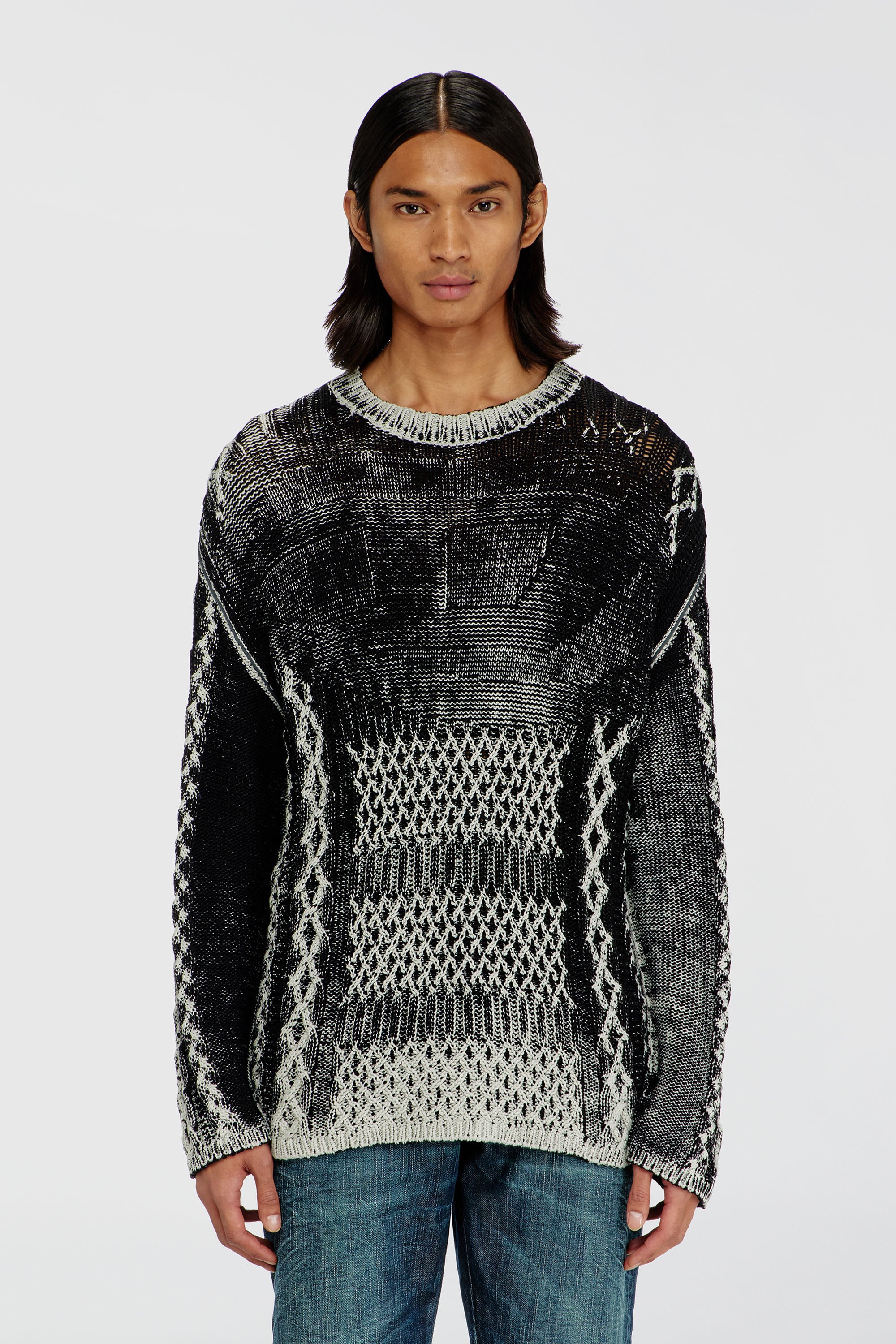 Diesel - K-MIONE, Man's Treated cable-knit jumper in Grey/Black - 1